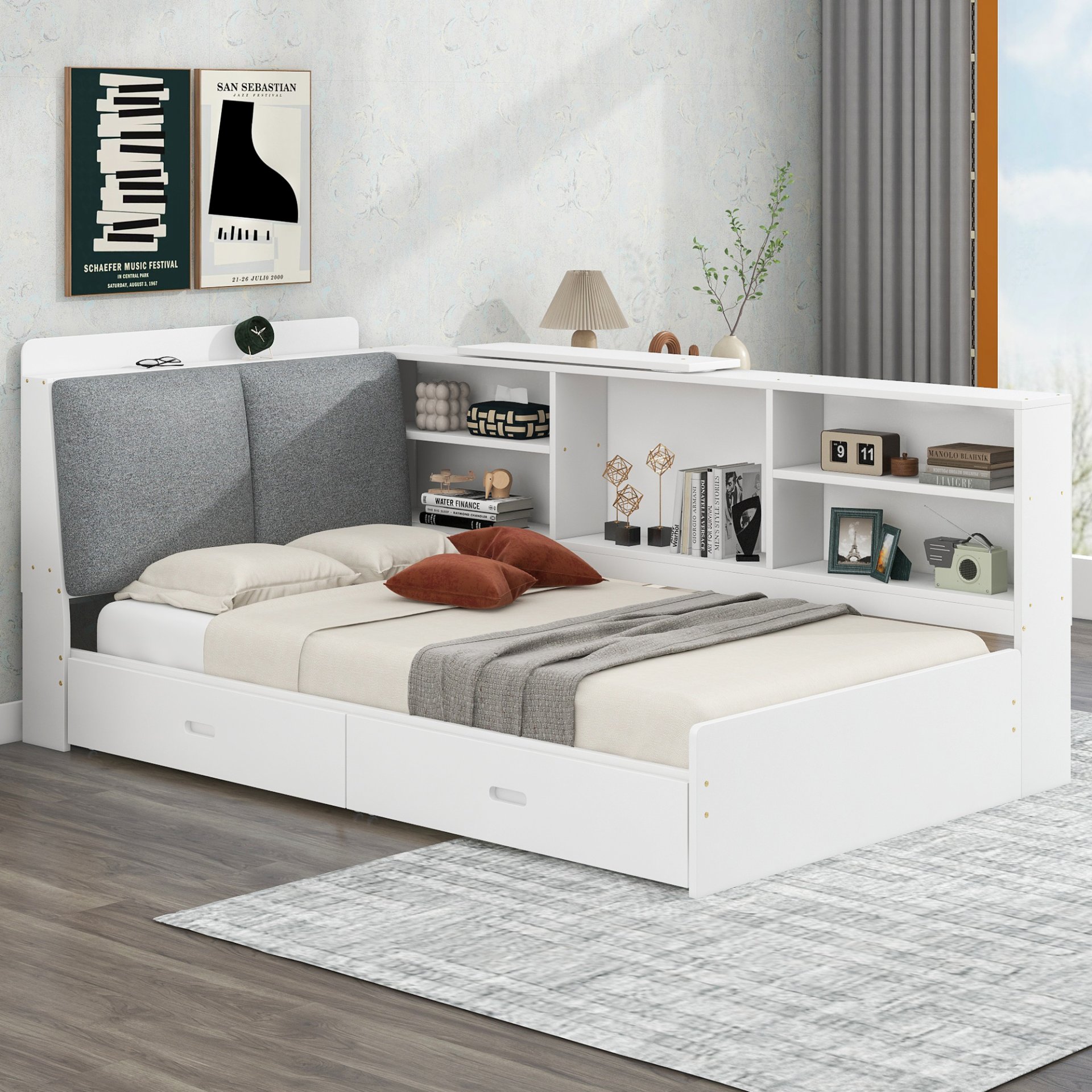 Twin Size Platform Bed With Storage Headboard, Shelves And 2 Drawers - White - Image 2