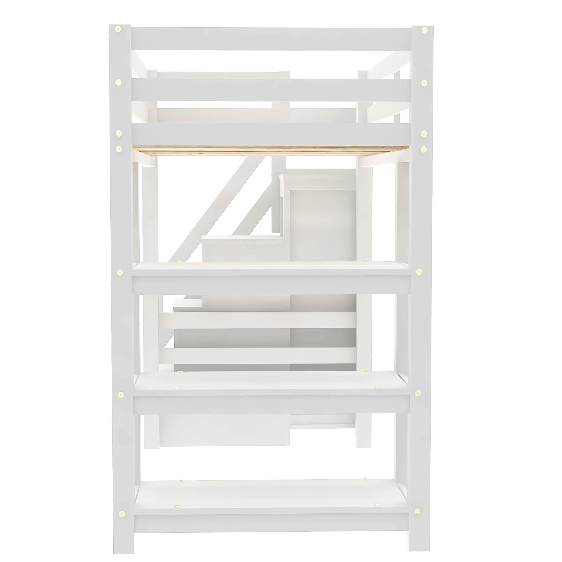 Twin Size Loft Bed With 4 Layer Shelves, Storage Staircase, Small Wardrobe And LED Light - White - Image 13