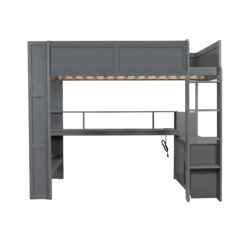 Full Size Gaming Loft Bed With Desk, Multi Storage Shelves, LED And Charging Station - Dark Gray