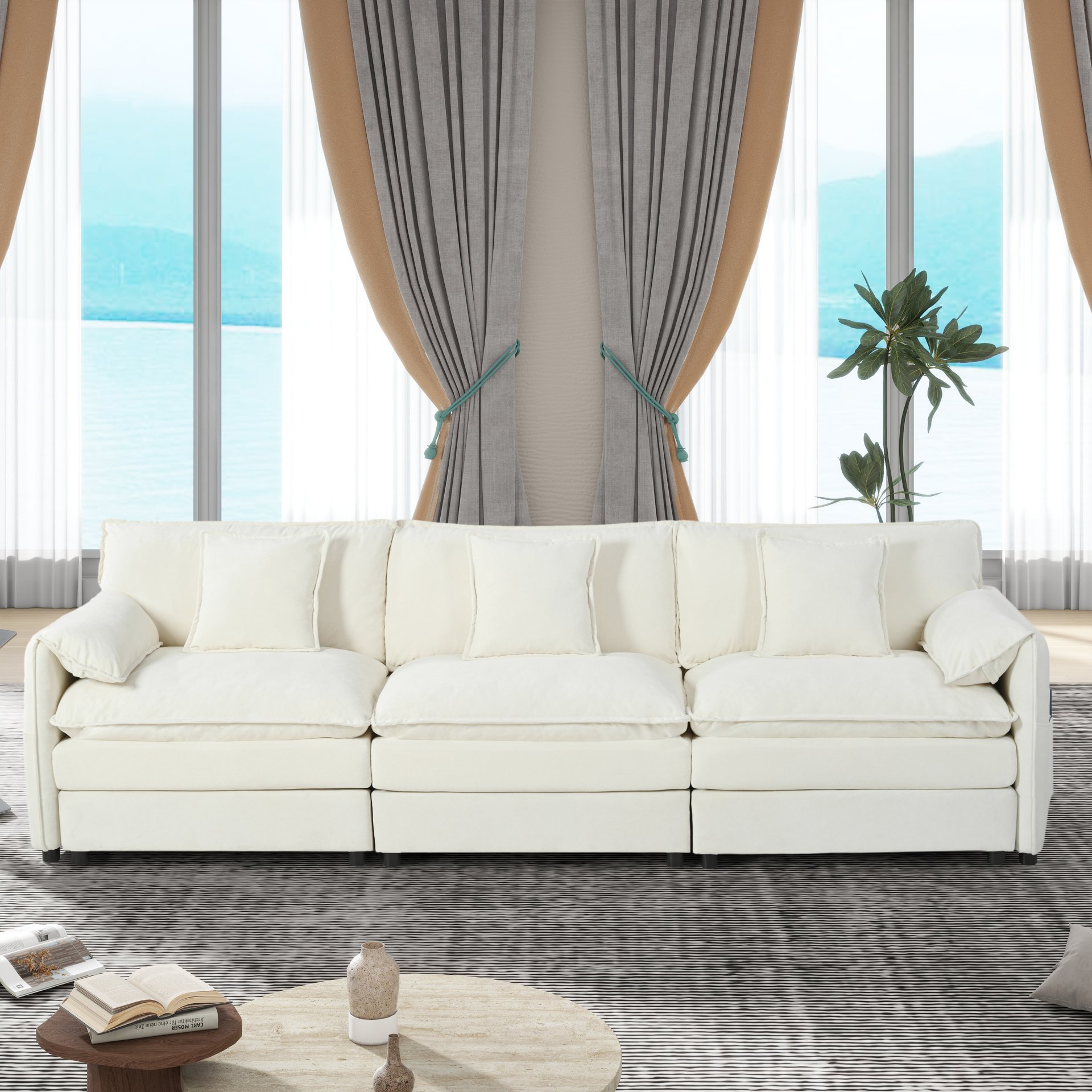 Modern Chenille Oversized Deep Seat Sectional Sofa, Large 3 Seater Modular Sofa With Pillows - Beige - Image 2