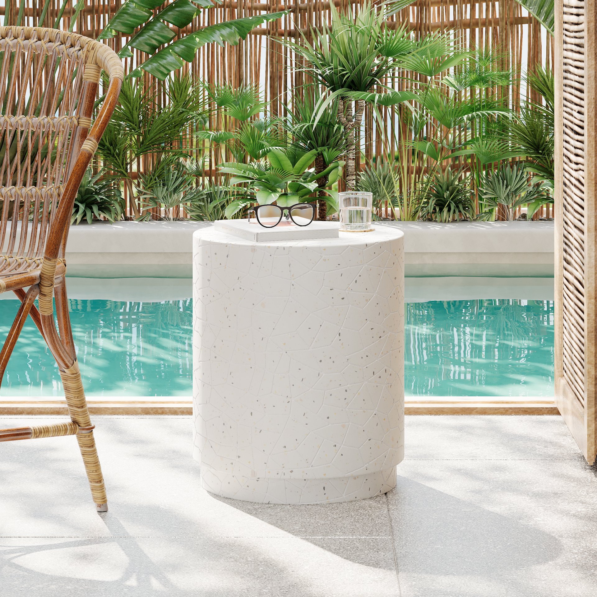 Outdoor Terrazzo Concrete Drum End Table, Living Room Accent Table - White Terrazzo - Image 2