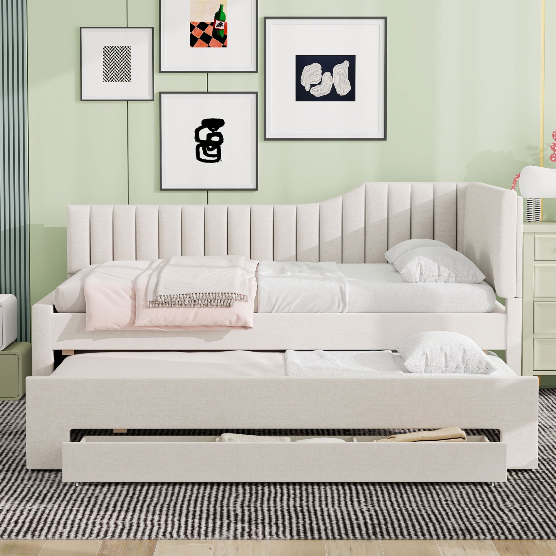 Full Size Upholstered Daybed With Trundle And 3 Drawers - Beige - Image 4