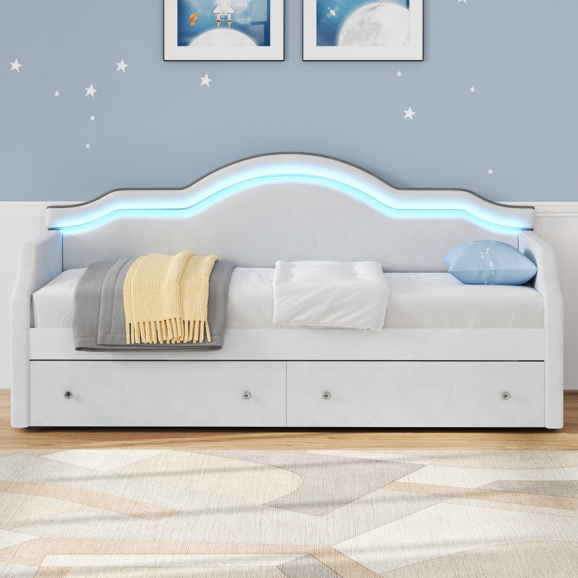 Twin Size Upholstered Daybed With LED Lights And 2 Drawers - Beige - Image 5