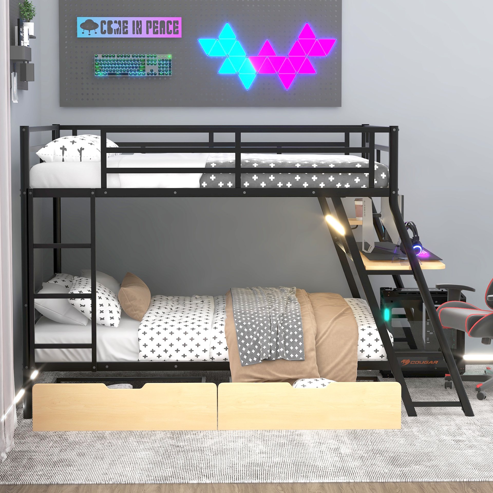 Full Size Bunk Bed With Built In Desk, Light, And 2 Drawers - Black - Image 5