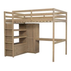 Full Size Loft Bed With Built In Wardrobe, Desk, Shelves, And Drawers - Walnut