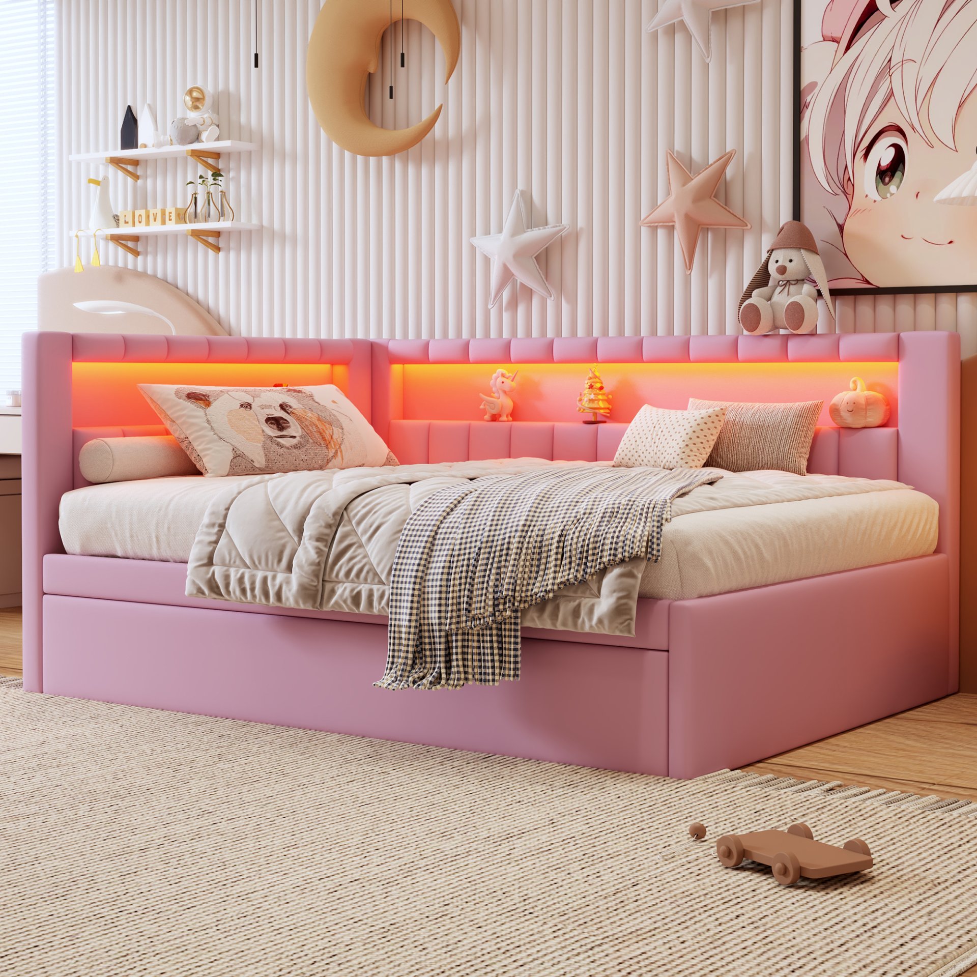 Full Size Upholstered Platform Bed With USB Ports, LED Belt And Trundle - Pink - Image 4