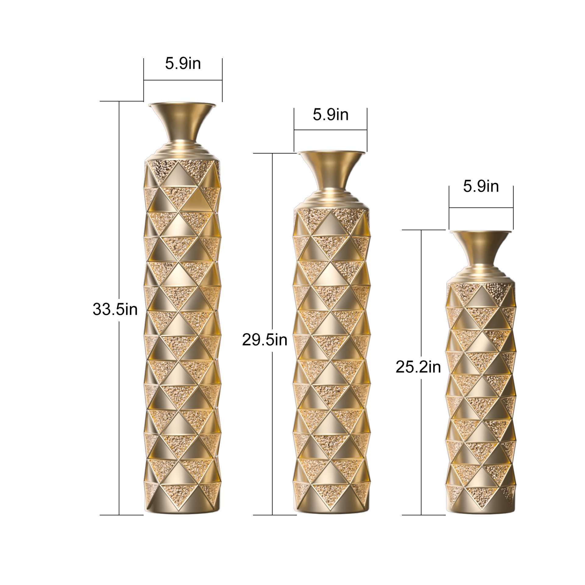 Metal Decorative Vase High Distress Metal Center Vase With 3D Triangle Pattern, (Set of 3) Vases For Home Decoration - Gold - Image 3