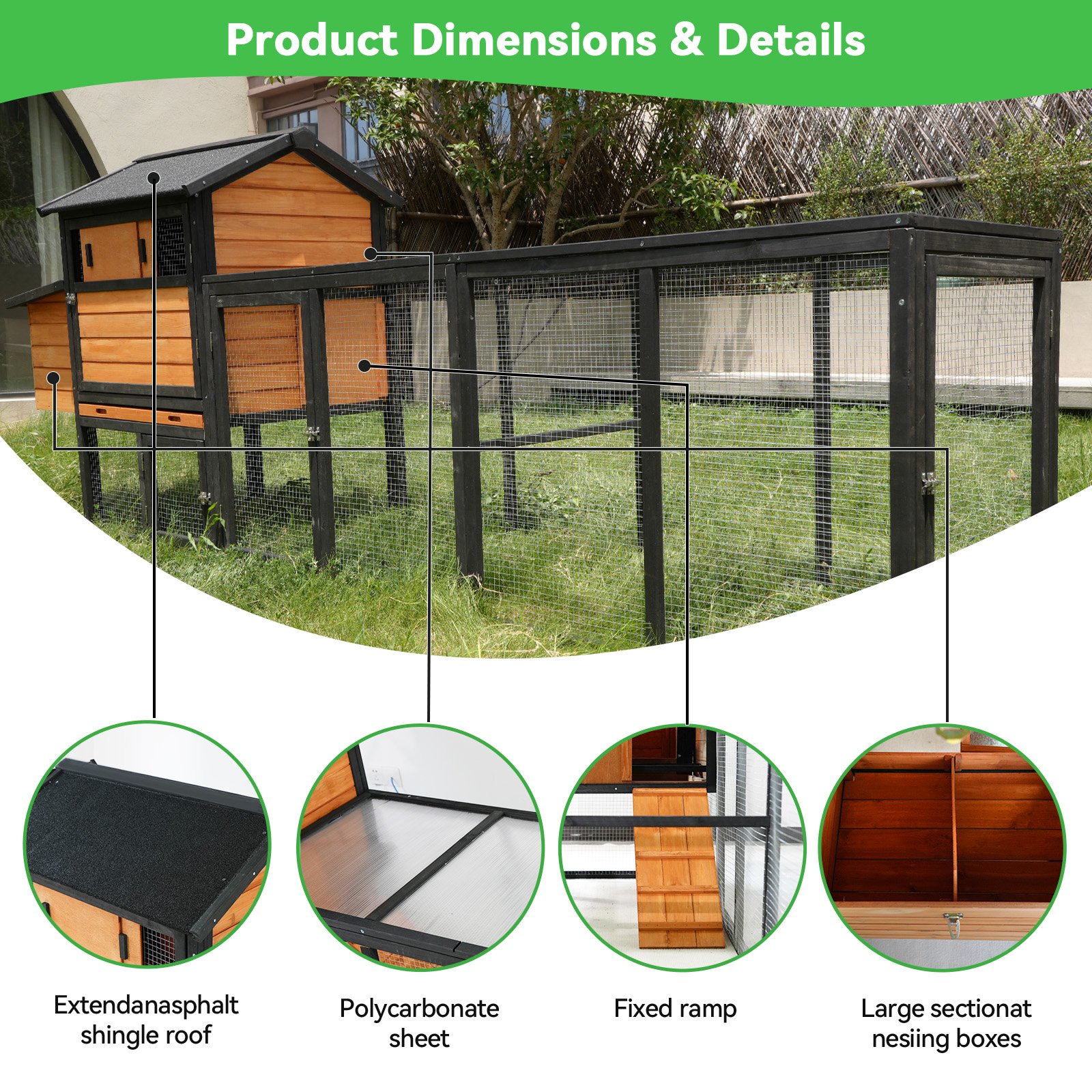 Chicken Coop With Run And Nesting Box, Large Outdoor Hen House For Backyard - Brown / Black - Image 2