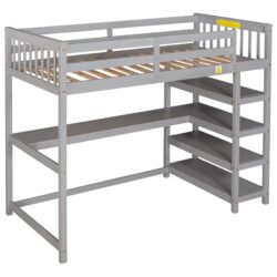 Twin Size Loft Bed With Storage Shelves And Under Bed Desk - Gray