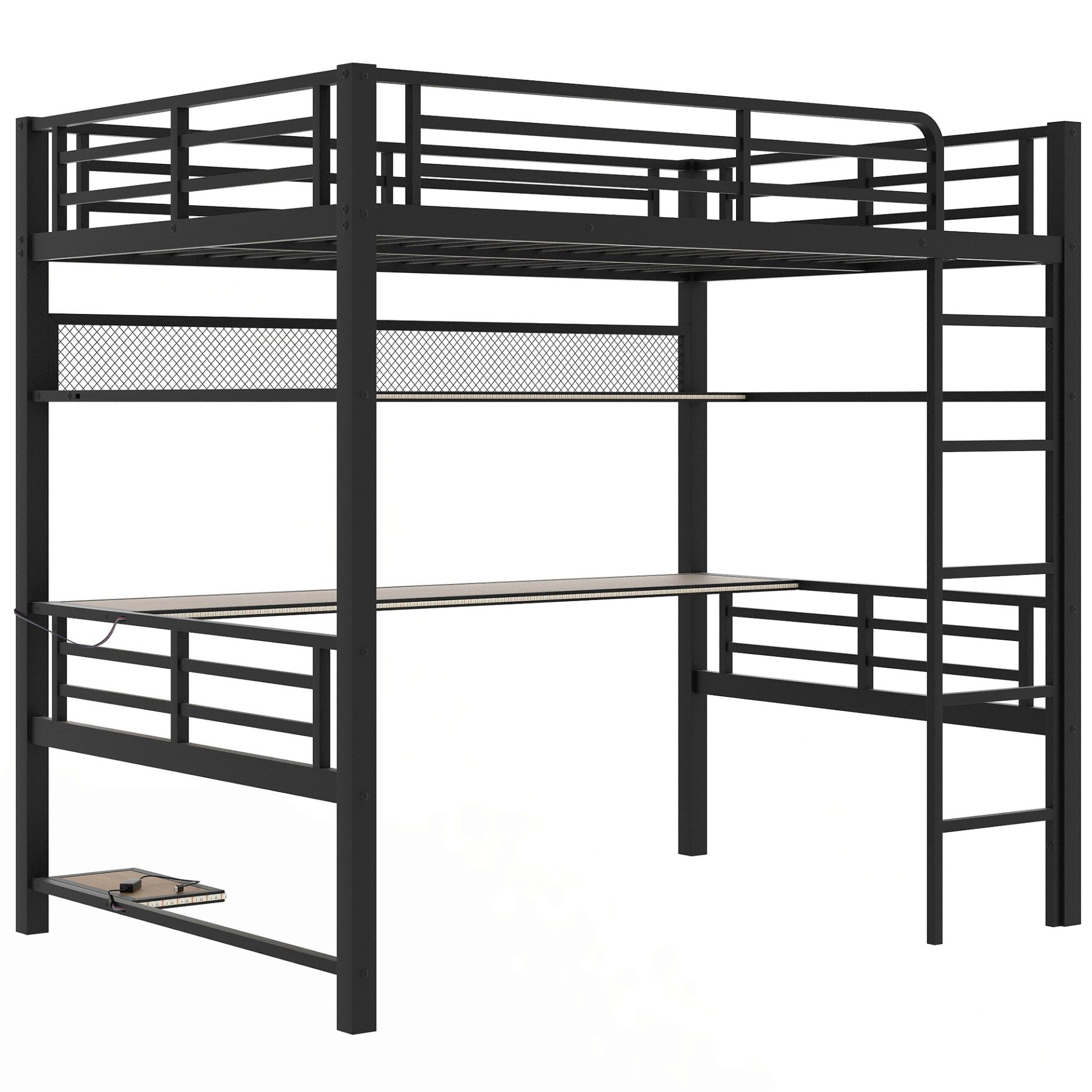 Full Size Loft Bed Frame With Storage Shelf And LED Light - Black - Image 10
