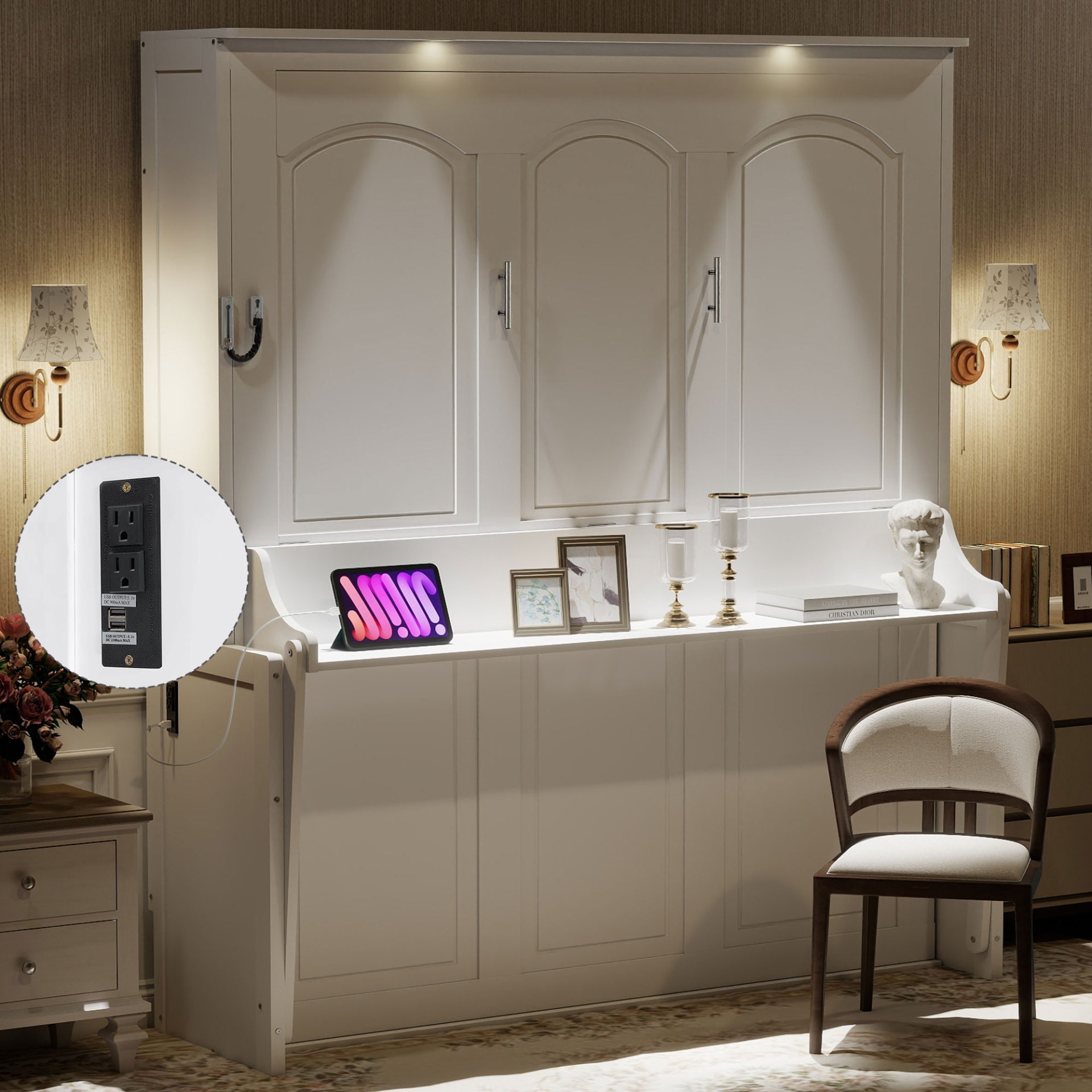 Queen Size Murphy Bed With Desk, LED Lights & USB Charging Station - White - Image 2