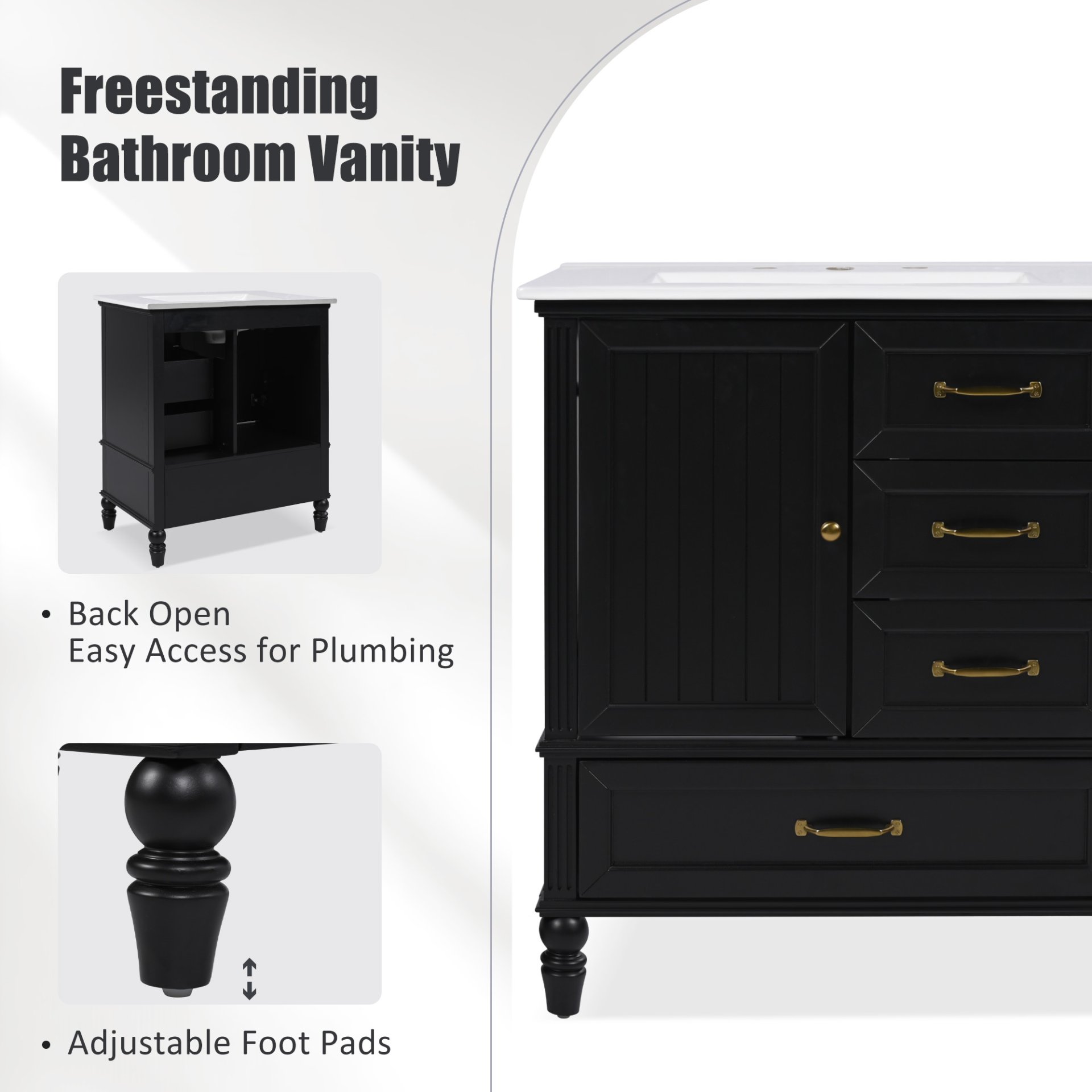 30" Bathroom Vanity With Sink, Cabinet With Door & 3 Drawers - Black - Image 6