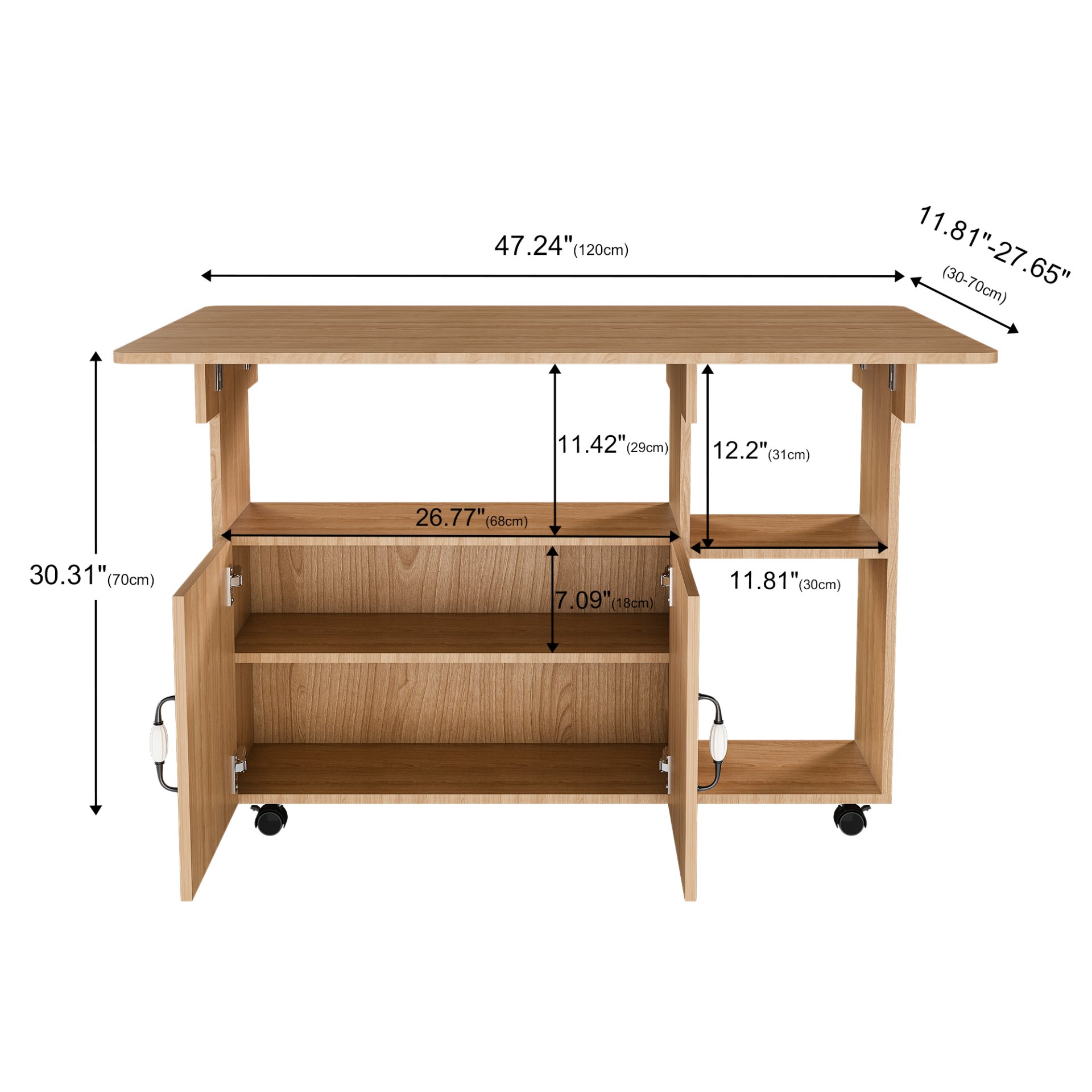 Multifunctional Folding Table With Storage Shelves And Wheels, Compact Desk For Kitchen - Walnut - Image 3