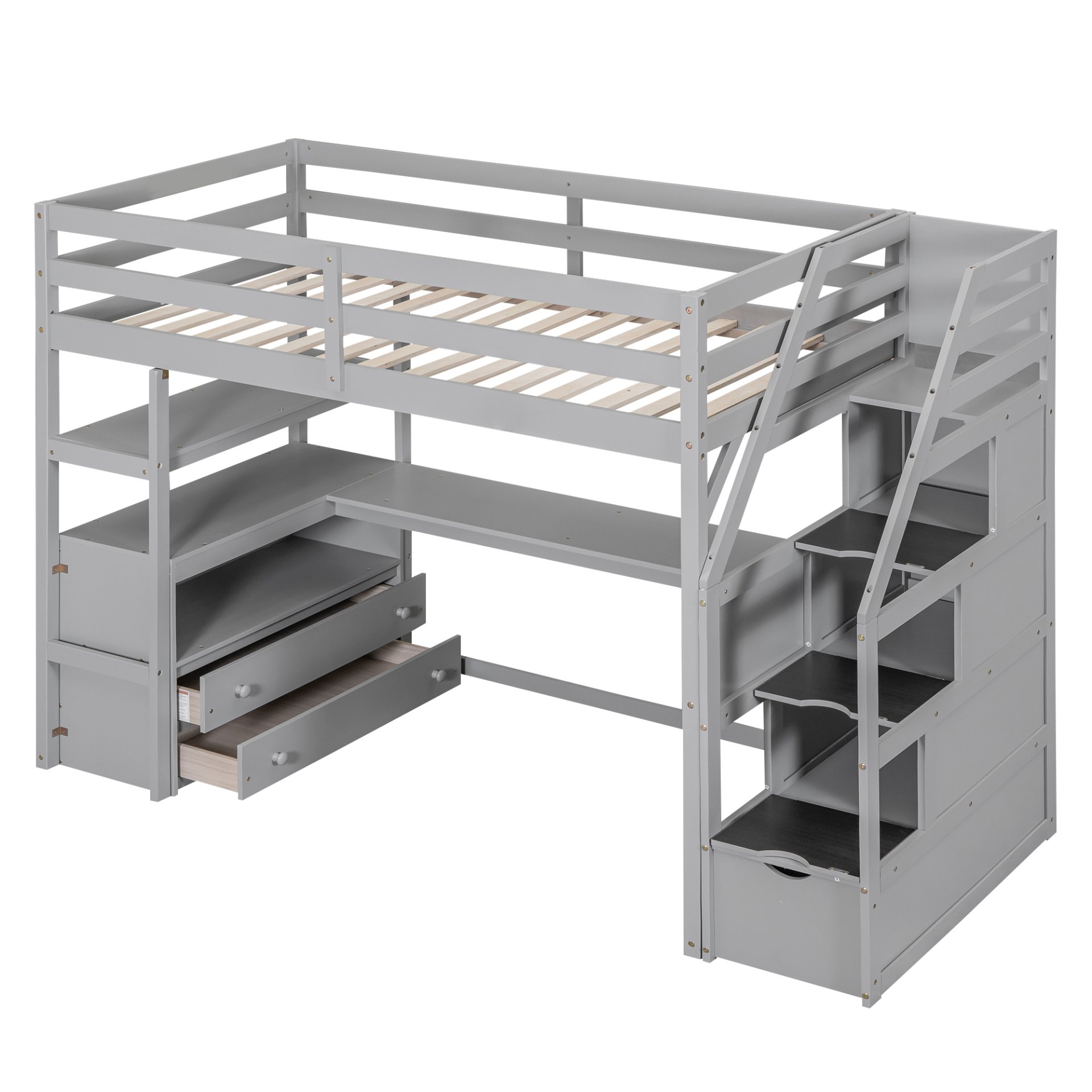 Twin Size Loft Bed With Built In Desk, Shelves, Drawers, And Storage Staircase - Gray - Image 13