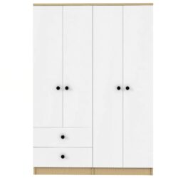 4 Door Wardrobe Closet With Drawers, Shelf, And Hanging Rod - White / Natural
