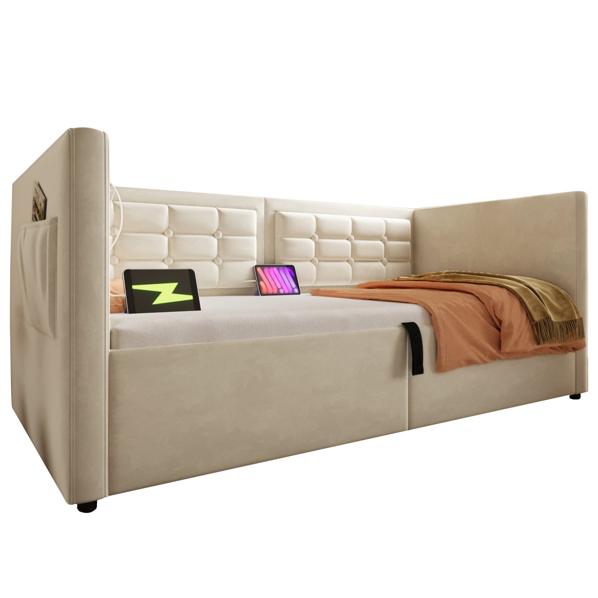 Twin Size Upholstered Hydraulic Storage Daybed With USB & Type C Charging - Beige - Image 8