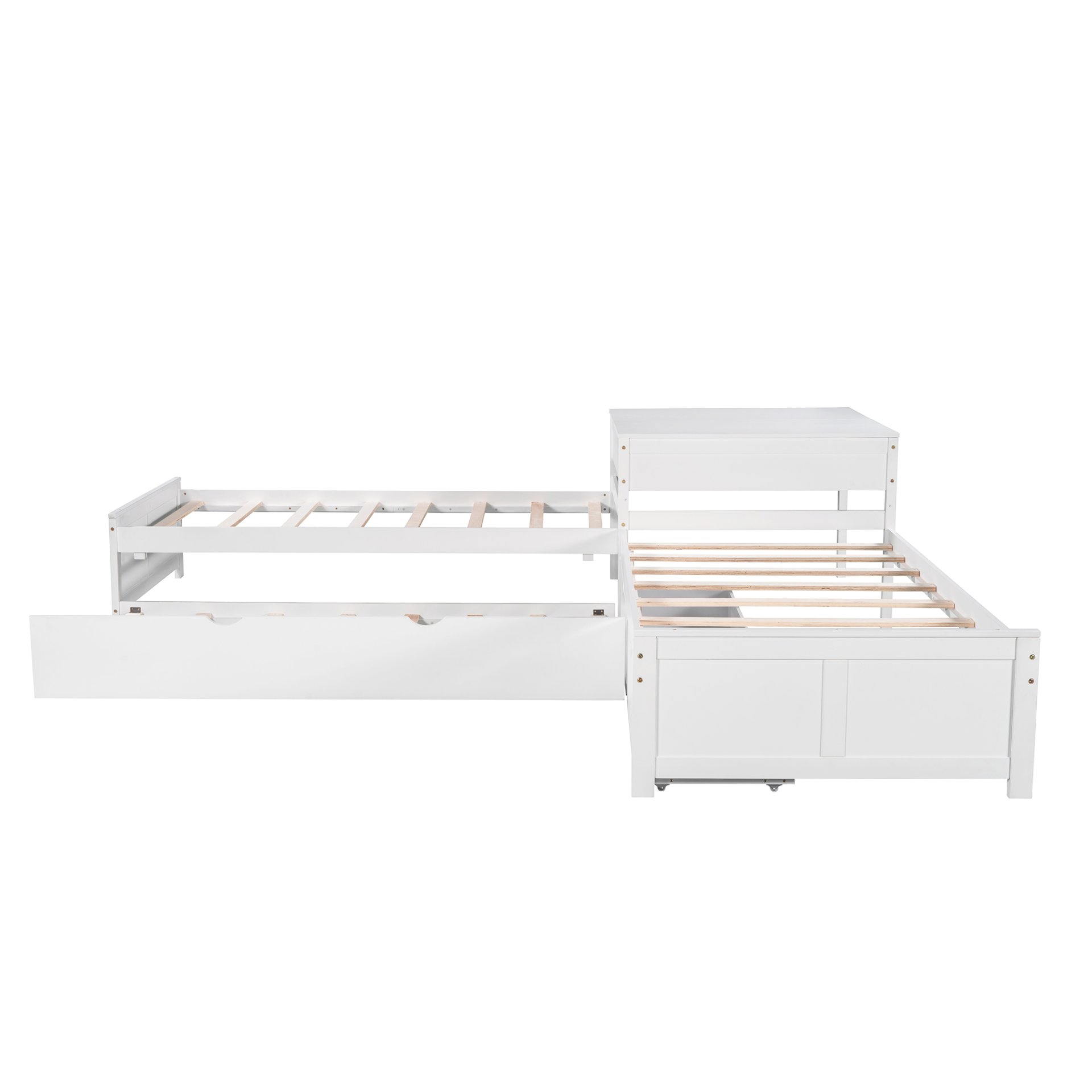L-Shaped Platform Bed With Trundle And Drawers Linked With Built In Desk, Twin - White - Image 6