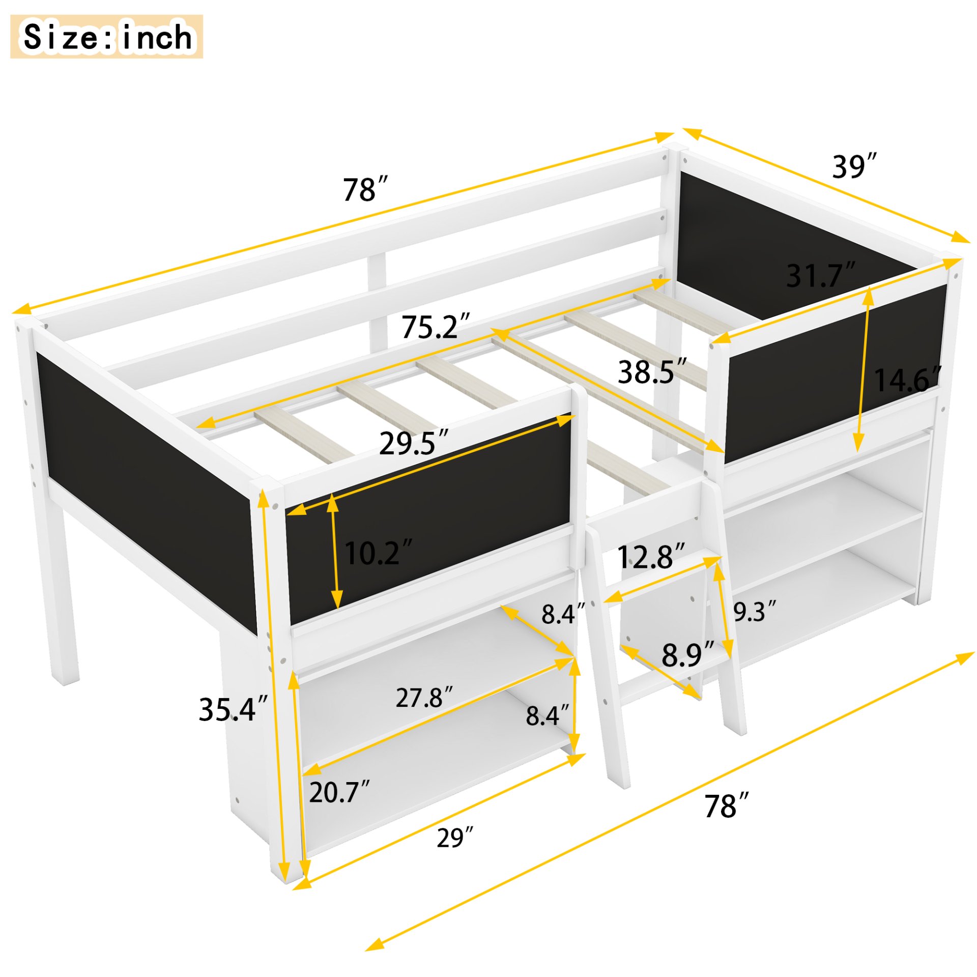 Twin Size Low Loft Bed With Movable Shelves And Ladder, Decorative Chalkboard Guardrail - White - Image 3