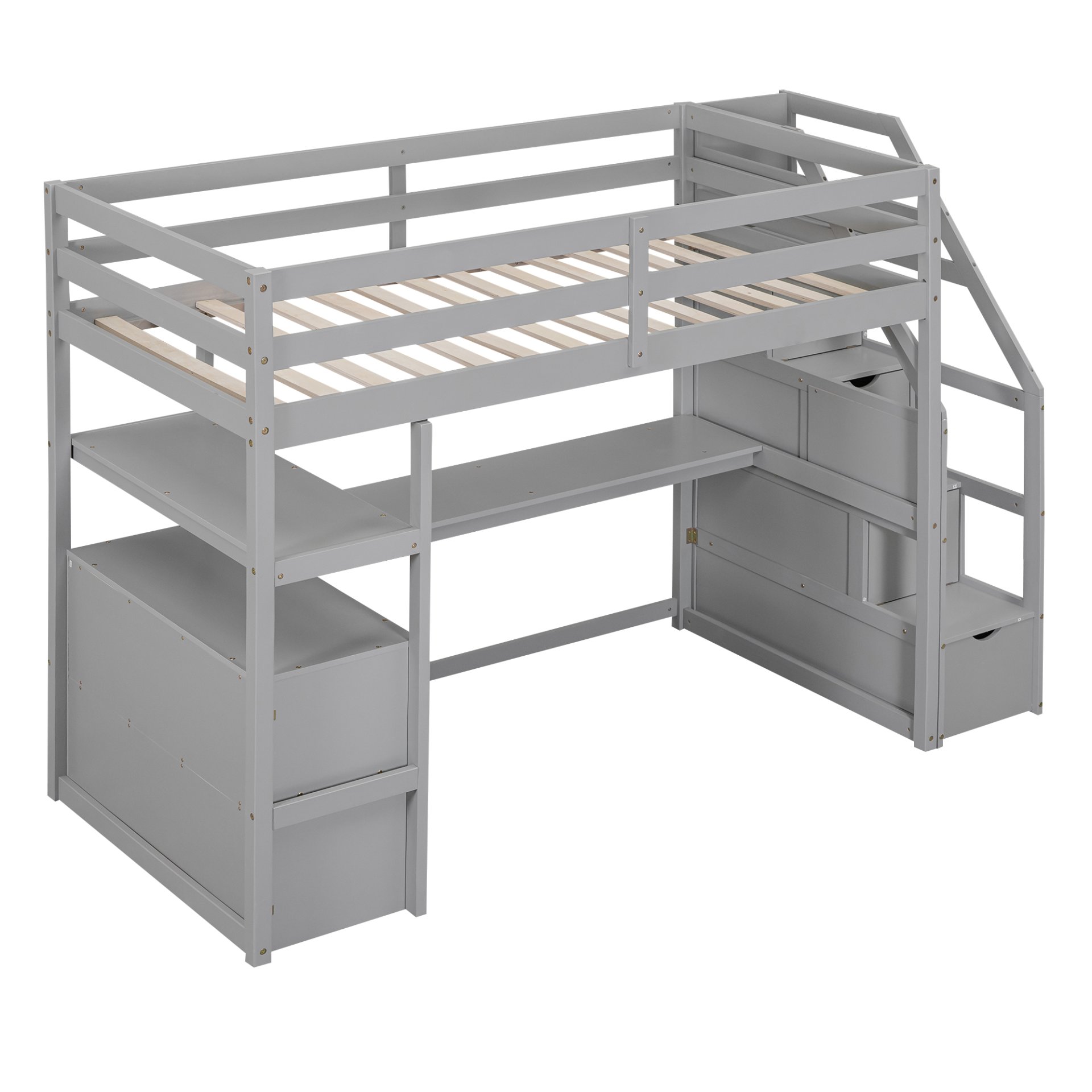 Twin Size Loft Bed With Built In Desk, Shelves, Drawers, And Storage Staircase - Gray - Image 6