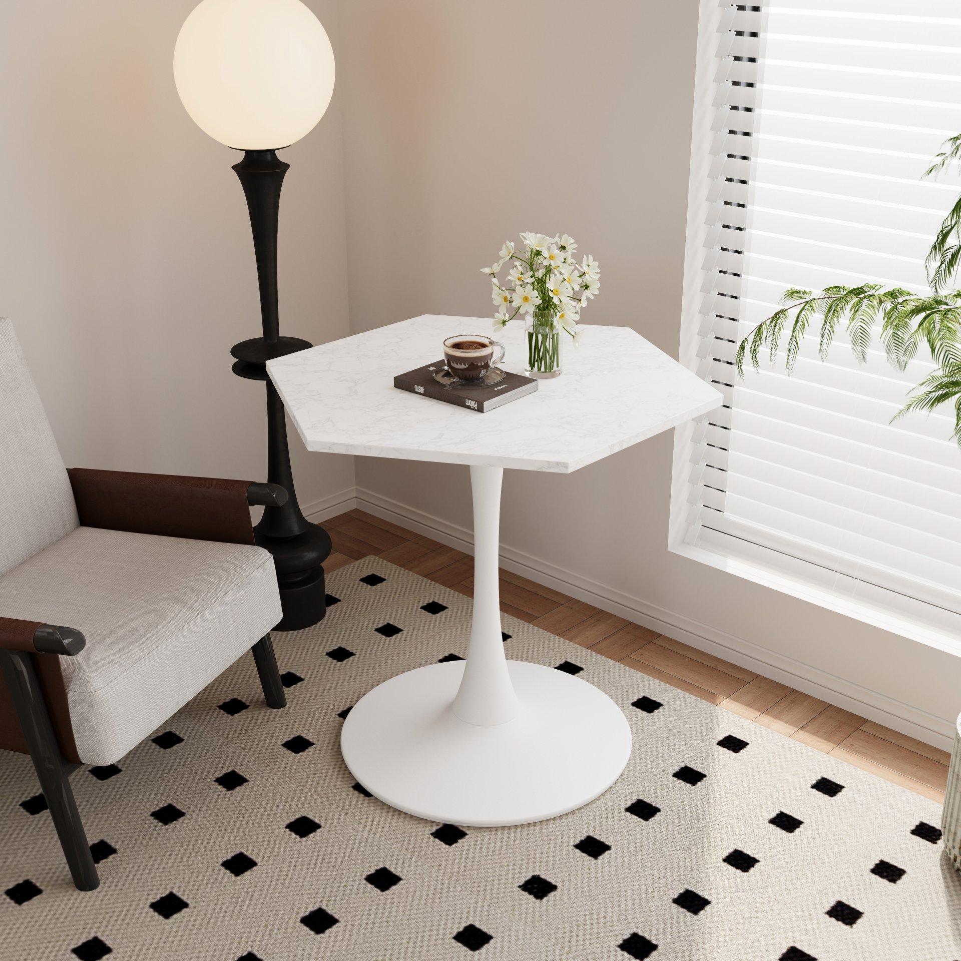 Hexagonal Coffee Table With Printed Marble Top And Base - White Marble - Image 6