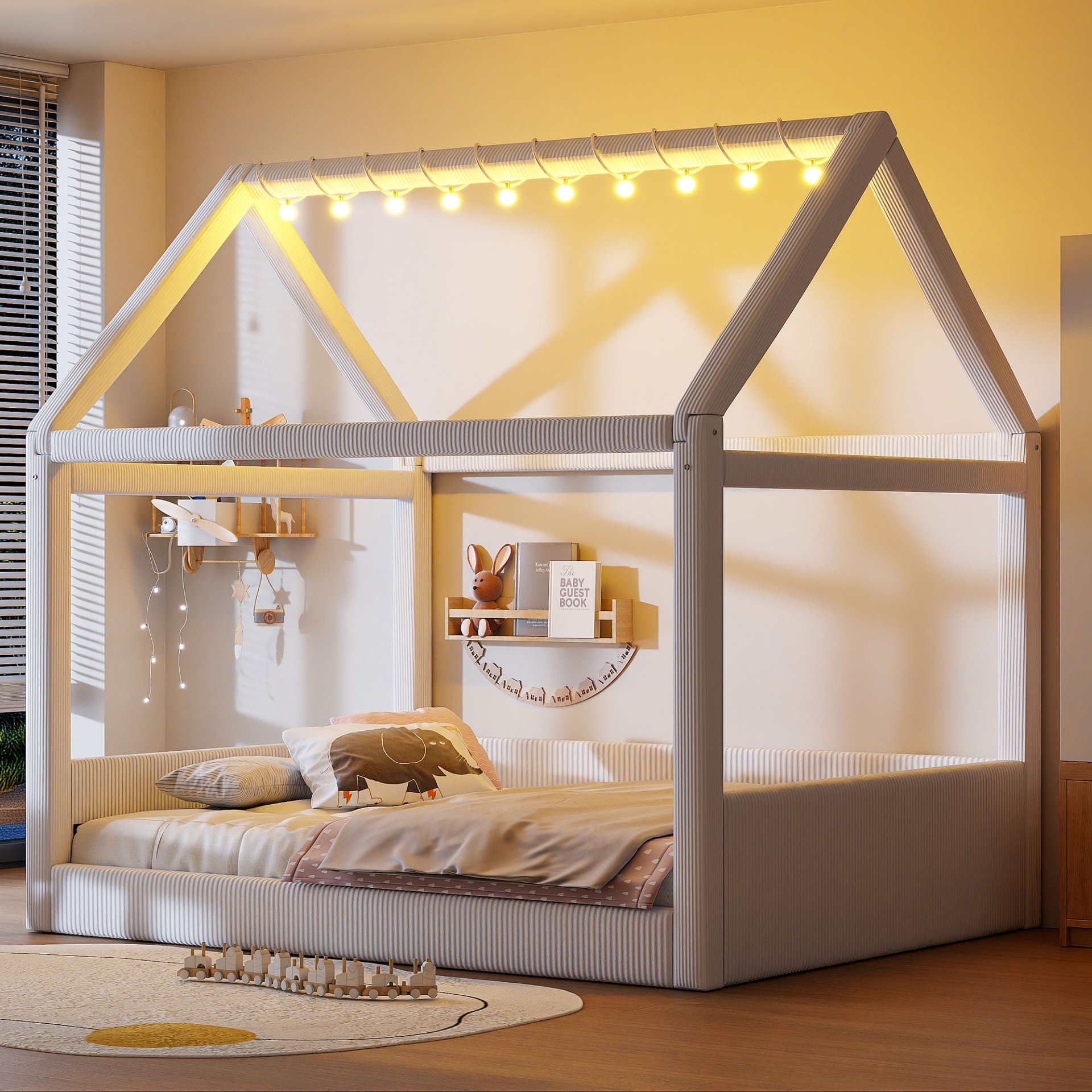 Full Size Upholstered House Style Daybed With LED Light Strips - Beige - Image 2