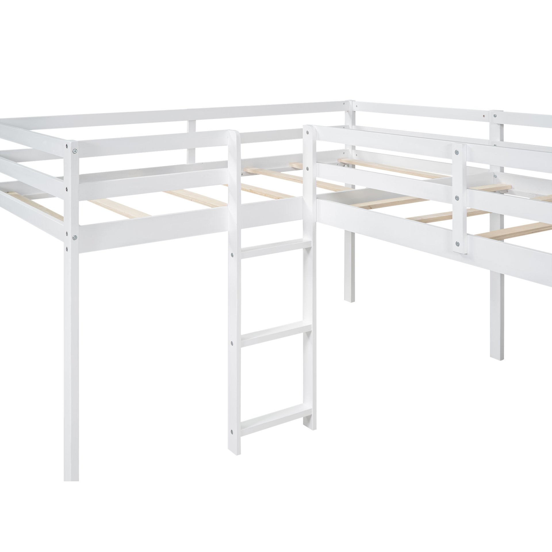 L-Shaped Twin Size Loft Bed With Ladder And Slide - White - Image 7