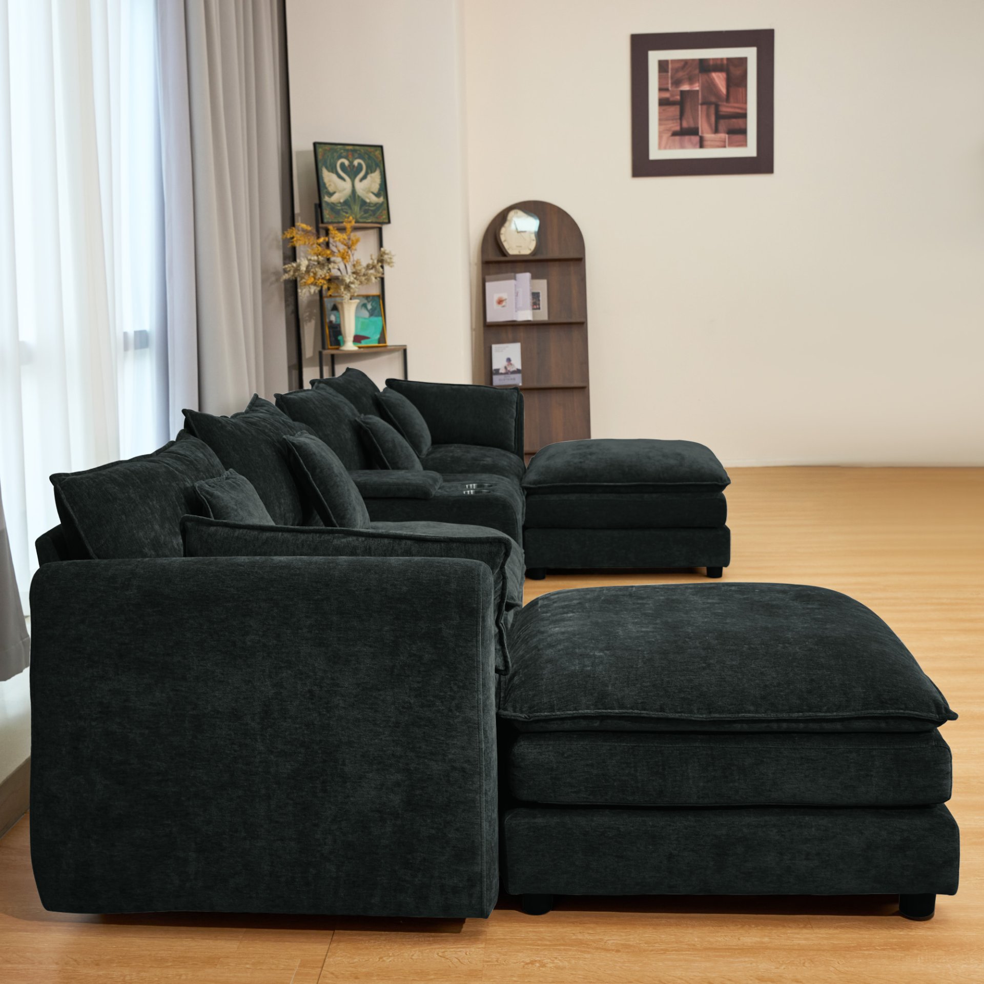 U Shaped Sectional Cloud Couch For Living Room, Fluffy Modular Sofa With Movable Ottoman 6 Seat Sectional Sofa Set With Console, Cup Holders - Black - Image 7