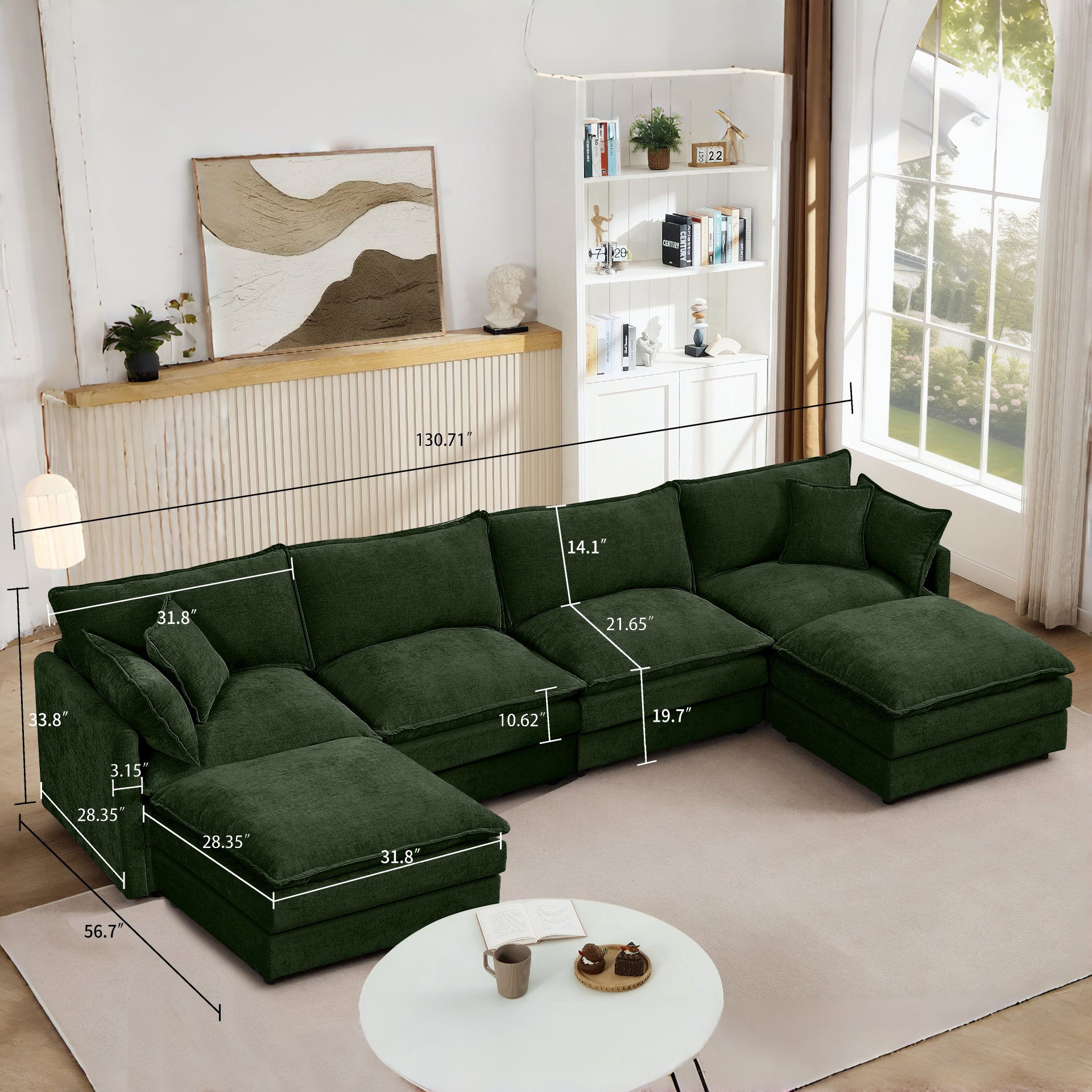 U-Shaped Sectional Sofa, 4 Seater Comfy Cloud Couch With Movable Ottoman - Green - Image 3
