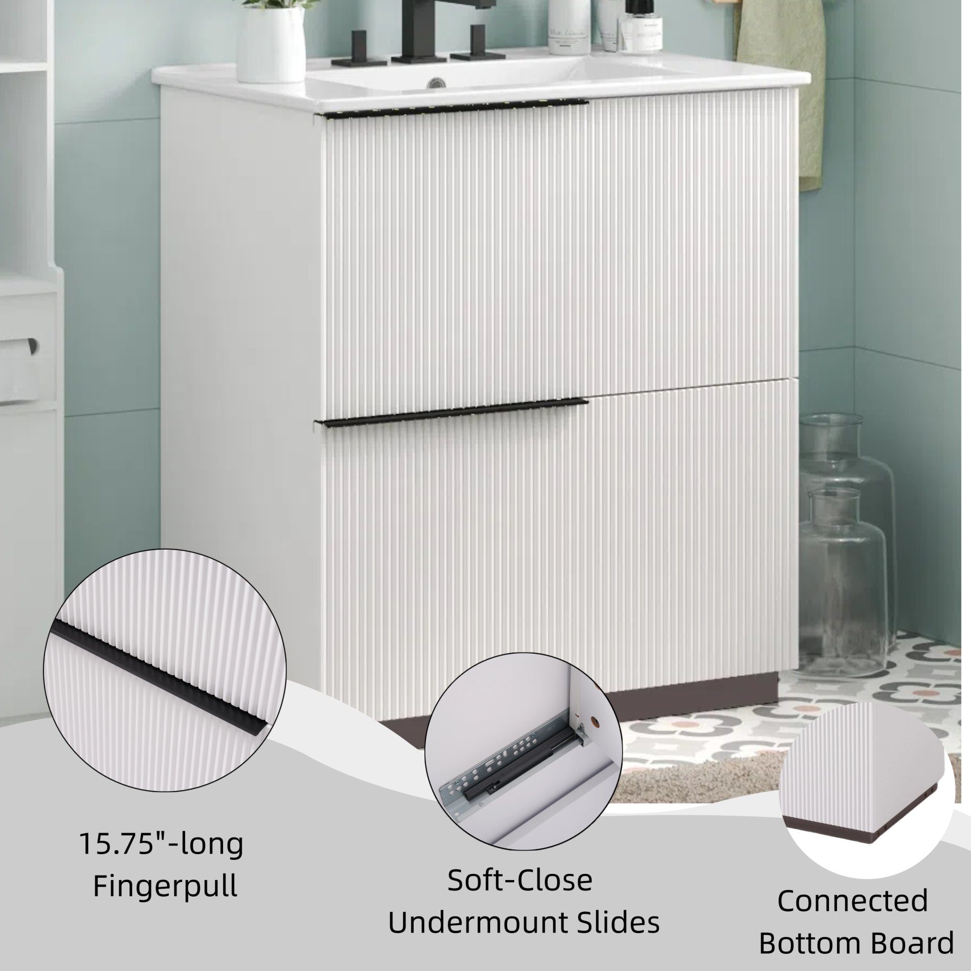 Fluted Bathroom Vanity With Sink, Full Extension Drawers, Soft Close Slides - White - Image 7