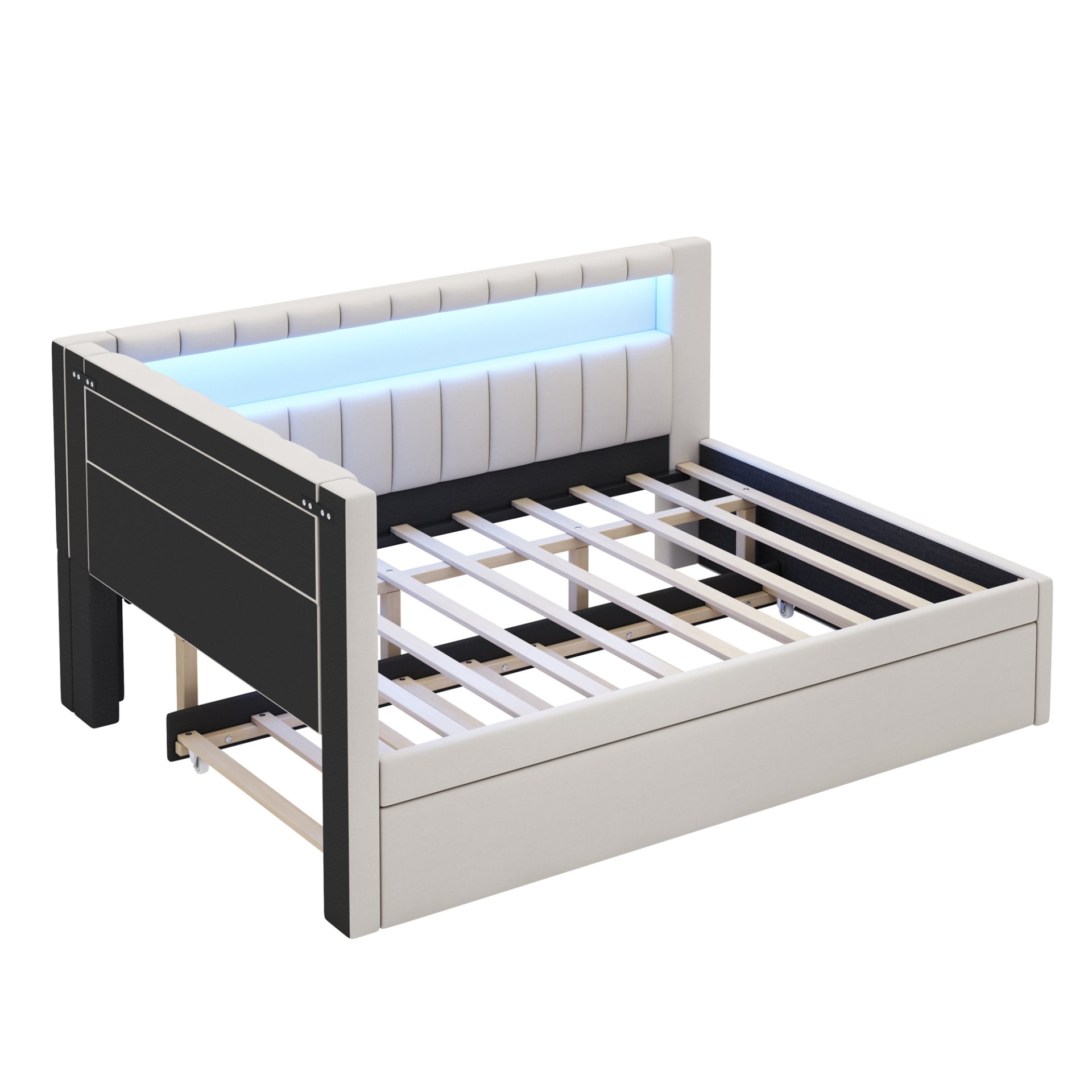 Full Size Upholstered Platform Bed With USB Ports, LED Belt And Trundle - White - Image 10