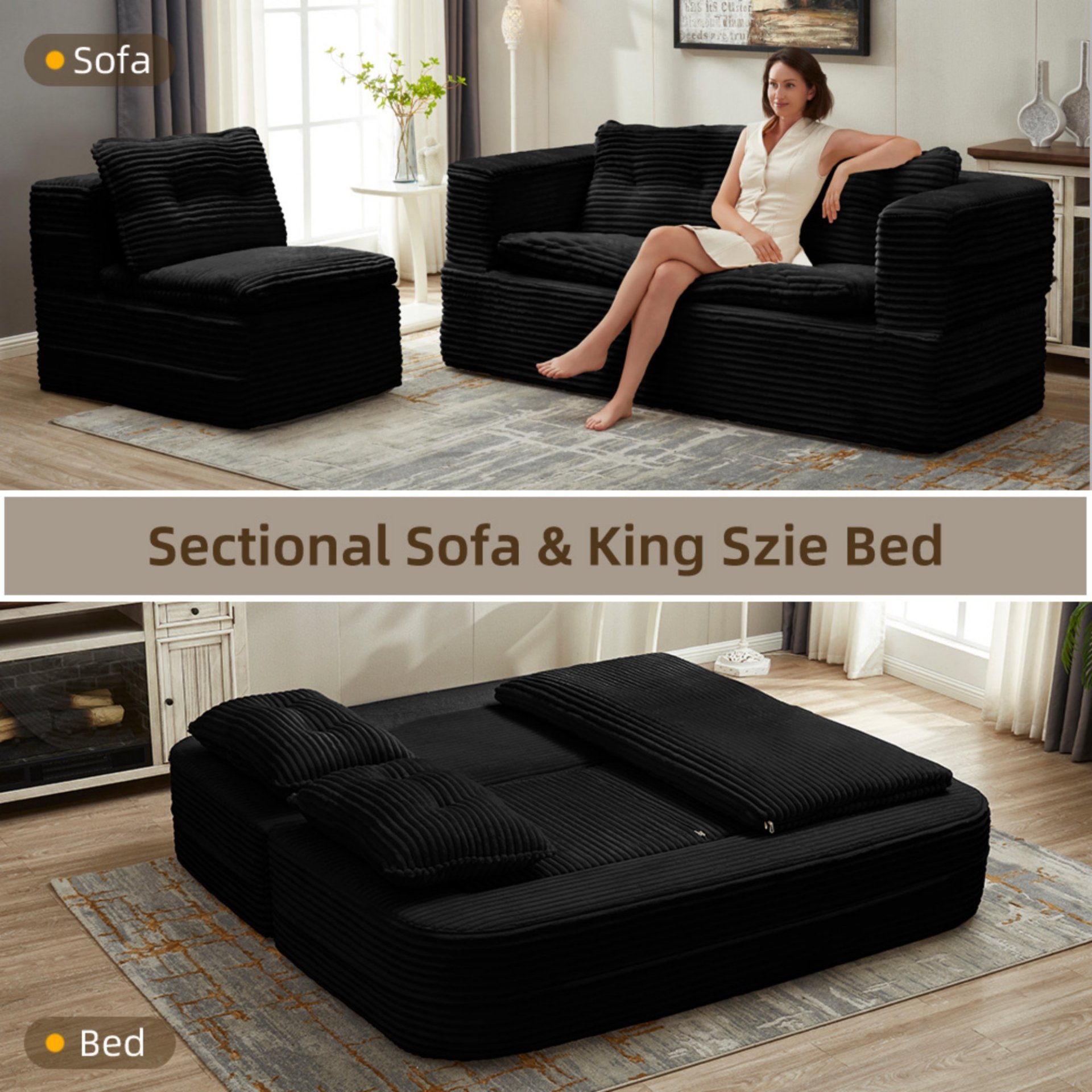 Multi Functional Sectional Sofa Bed With Independent Chaise Lounge And Functional Blanket - Black - Image 9