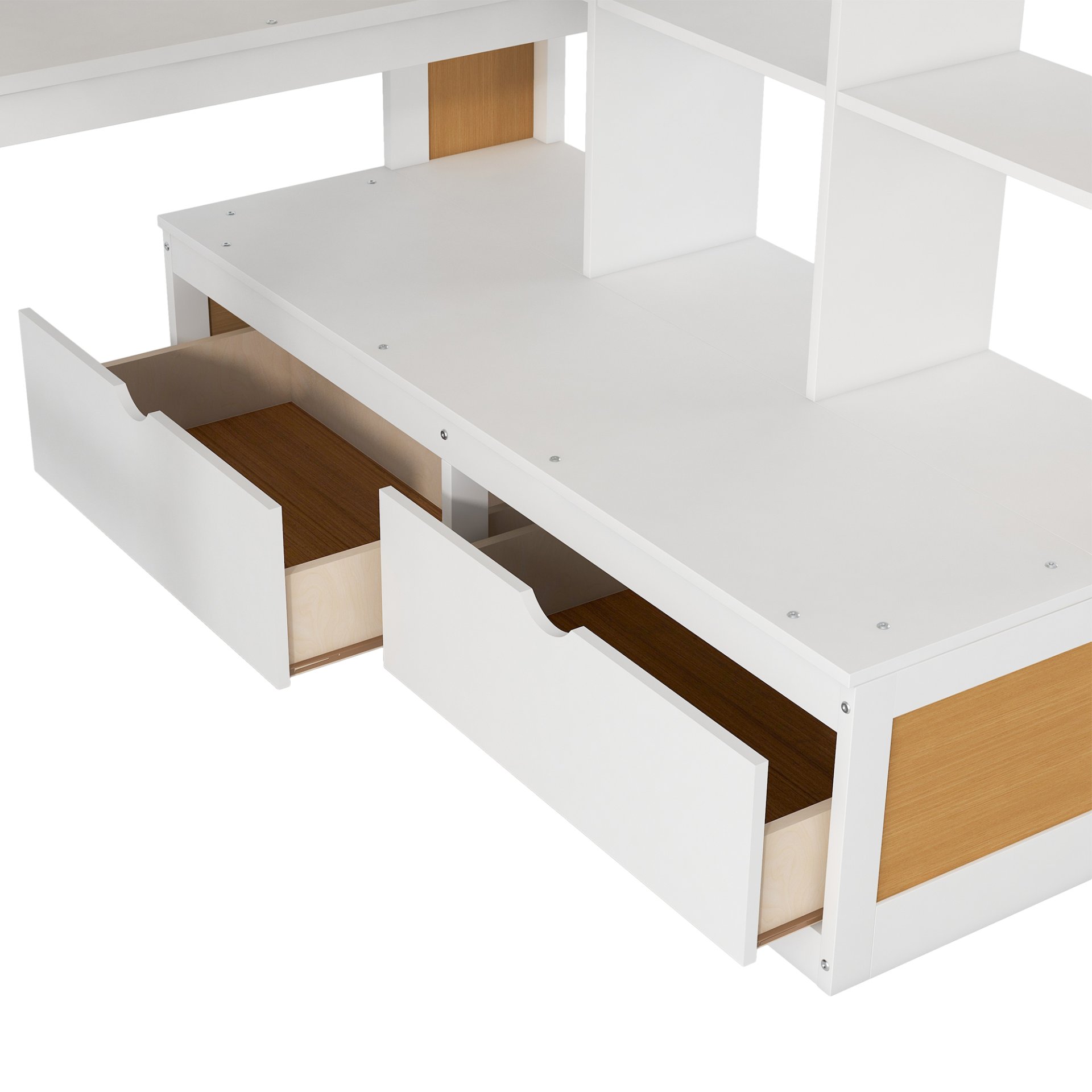 Full Size Loft Bed With Desk And Shelves, 2 Built In Drawers, Storage Staircase - Natural / White - Image 7