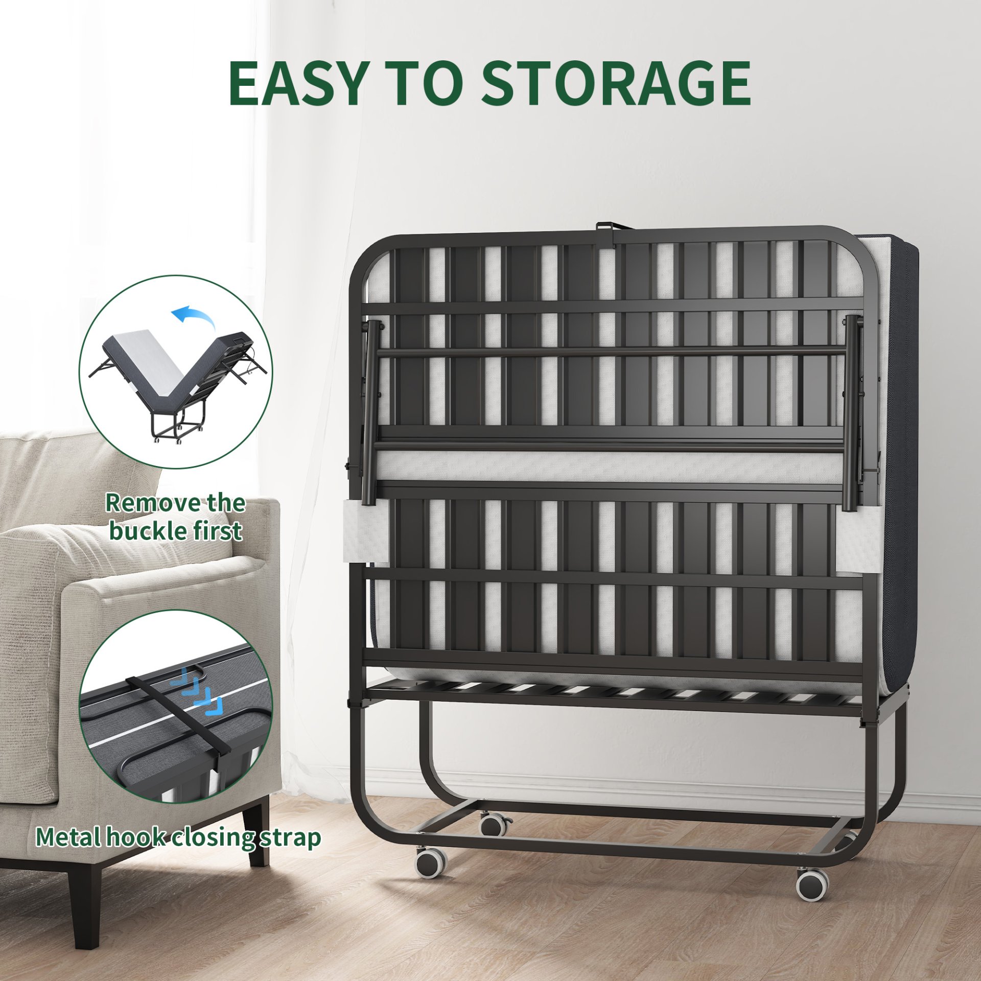 Twin Folding Bed With Memory Foam Mattress Portable Rollaway Bed Sturdy Metal Frame - Brushed Nickel - Image 4