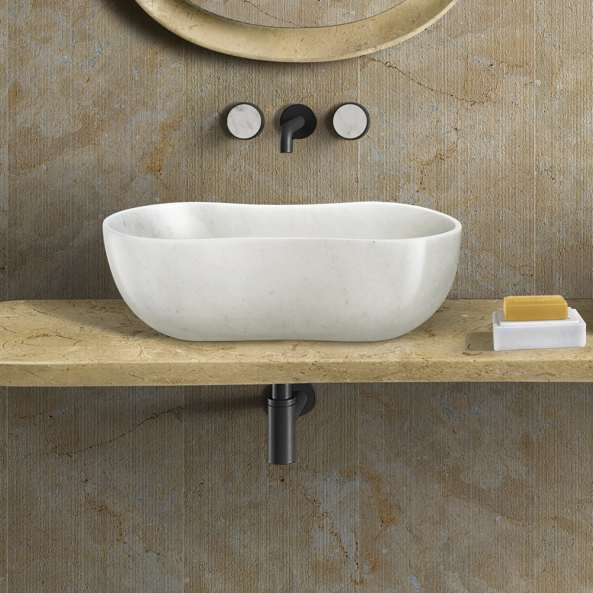 Bathroom Vessel Sink, Wavy Design, Semi Polished Surface - White / Natural - Image 3