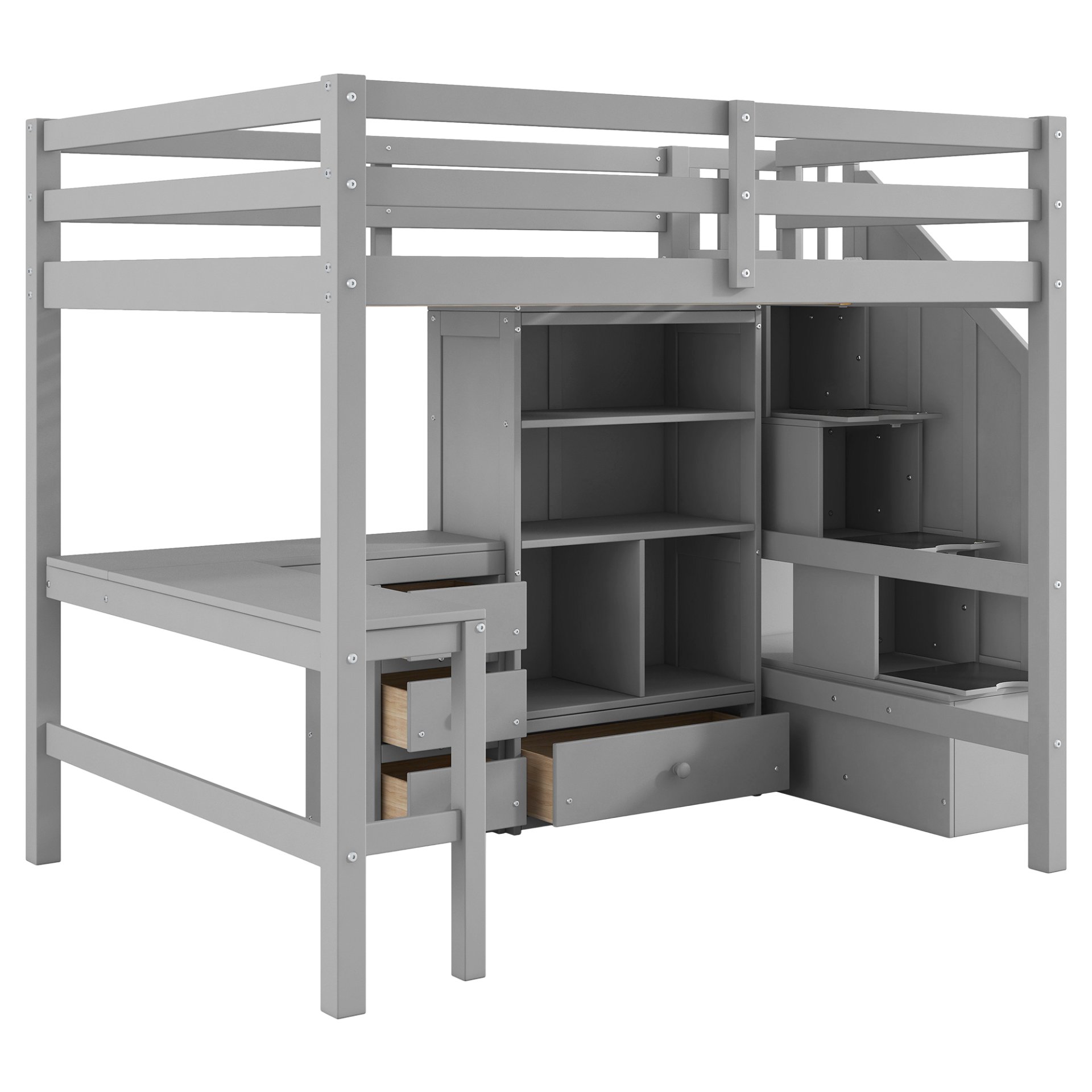 Full Size Loft Bed With L-Shaped Desk, Drawers, Cabinet, And Storage Staircase - Gray - Image 11