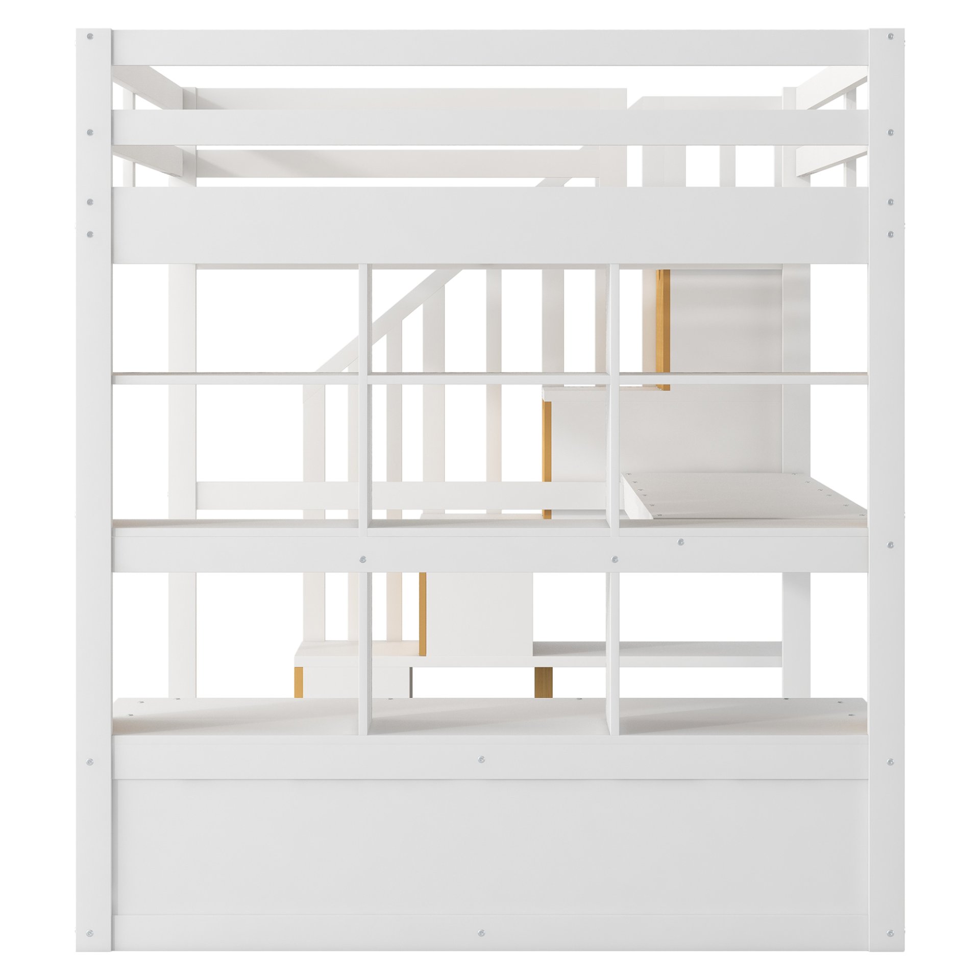 Full Size Loft Bed With Desk And Shelves, 2 Built In Drawers, Storage Staircase - Natural / White - Image 13