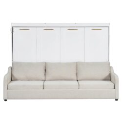 Full Size Murphy Cabinet Bed With Folding Sofa, Built In Storage Shelves And LED Light - Beige