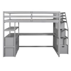 Full Size Loft Bed With Desk, Shelves, 2 Drawers, Storage Staircase - Gray