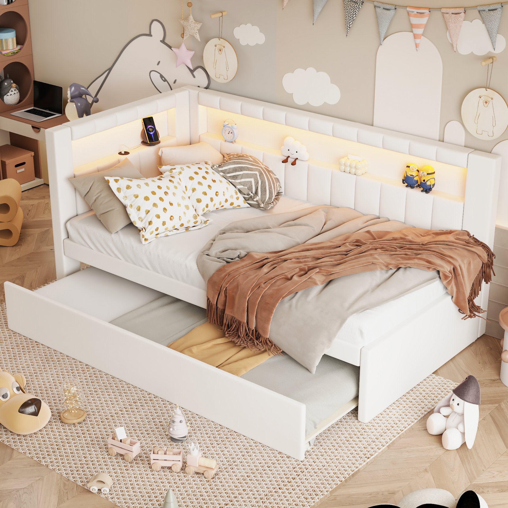 Twin Upholstered Platform Bed With USB Ports And LED Belt, Includes Trundle - White - Image 6