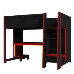 Twin Size Gaming Loft Bed With Built In Desk, Wardrobe, LED Lighting And Drawer - Black
