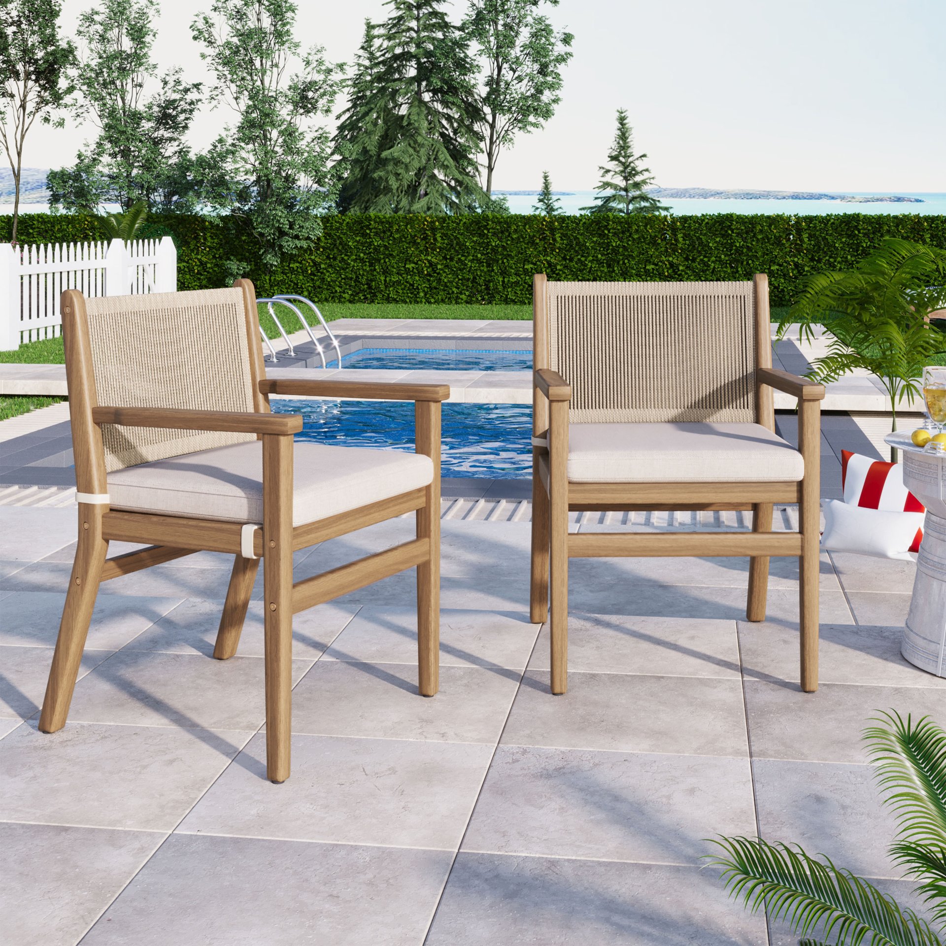 Outdoor Dining Chairs, Patio Armchair With Rope Design Back (Set of 2) - Light Brown - Image 4