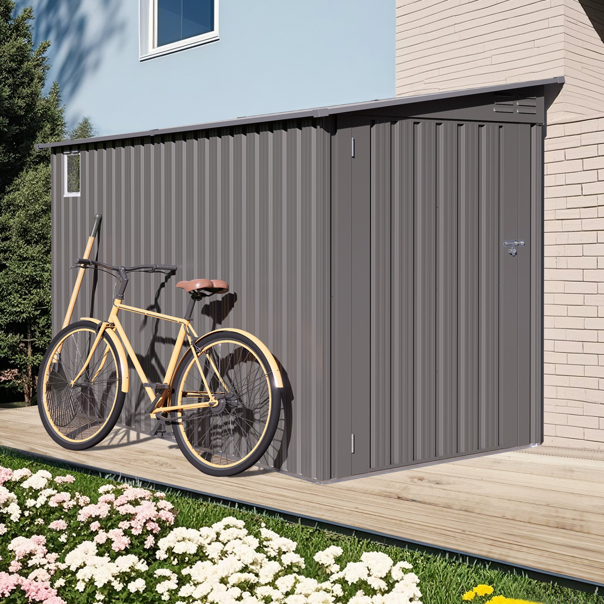 Metal Outdoor Storage Shed 4 X 9 Ft With Sloping Roof, Vents, And Side Door - Gray - Image 2