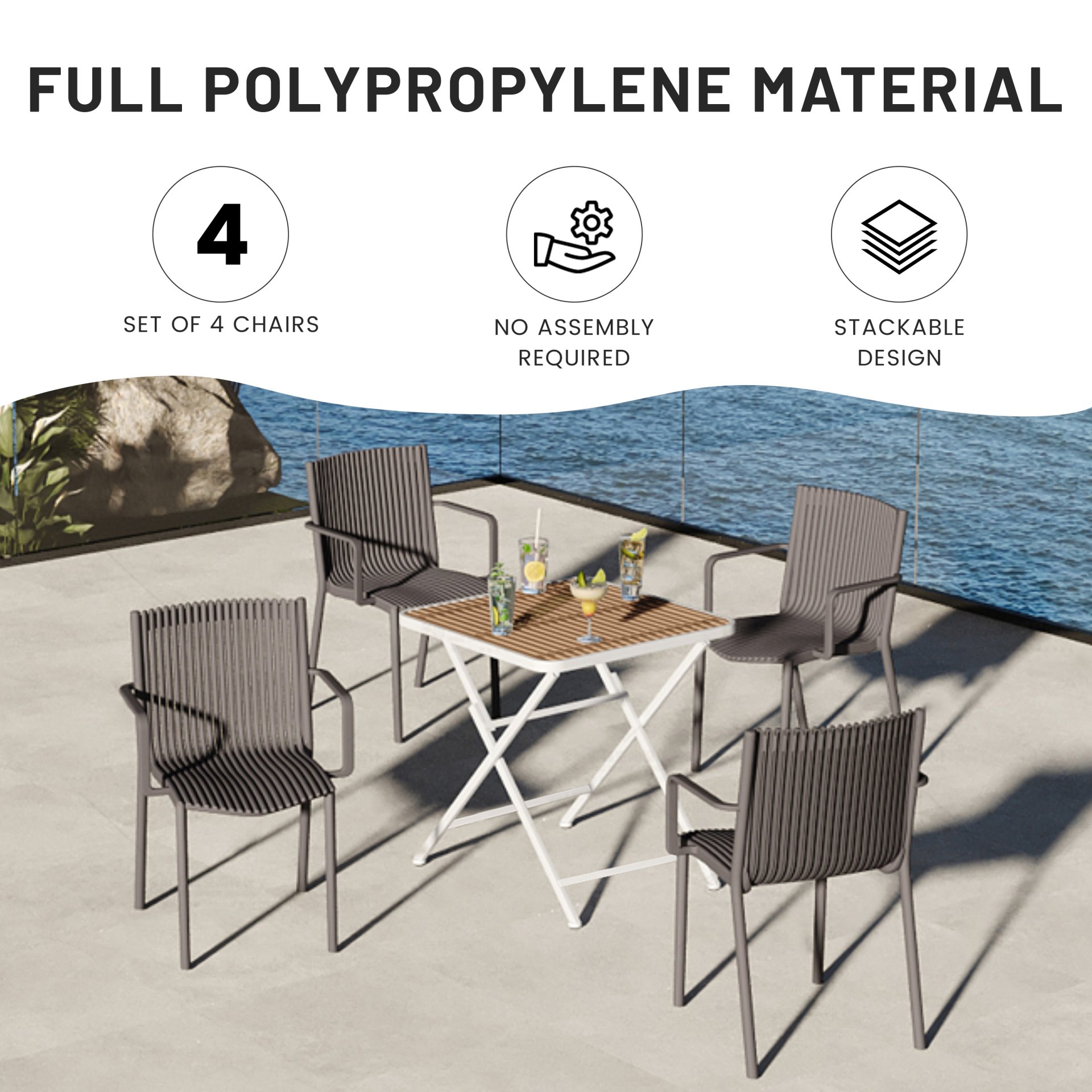 4 Piece Stackable Single Chairs With Vertical Stripe Design For All Weather - Warm Gray - Image 12