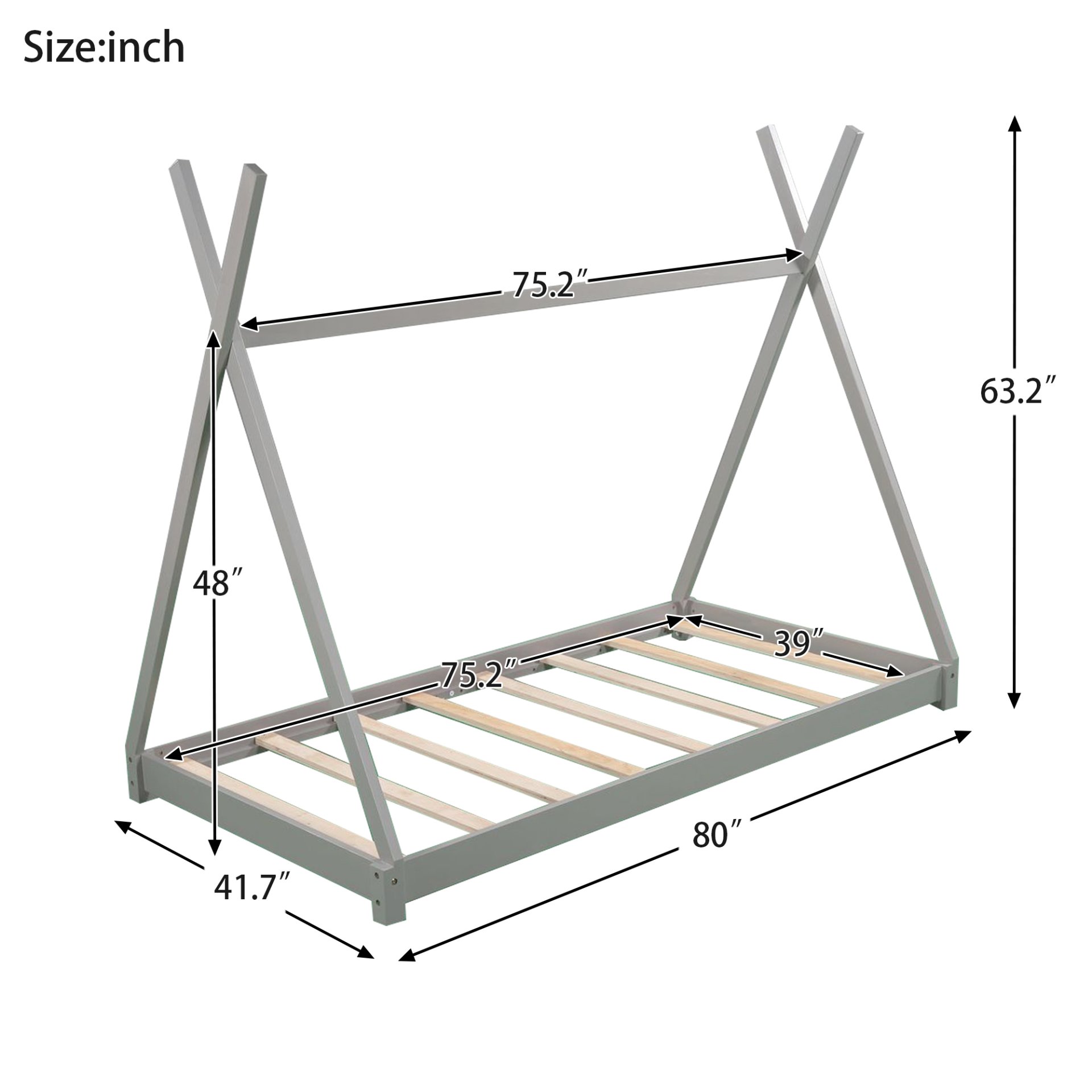 Twin Size House Platform Bed With Triangle Structure - Gray - Image 3