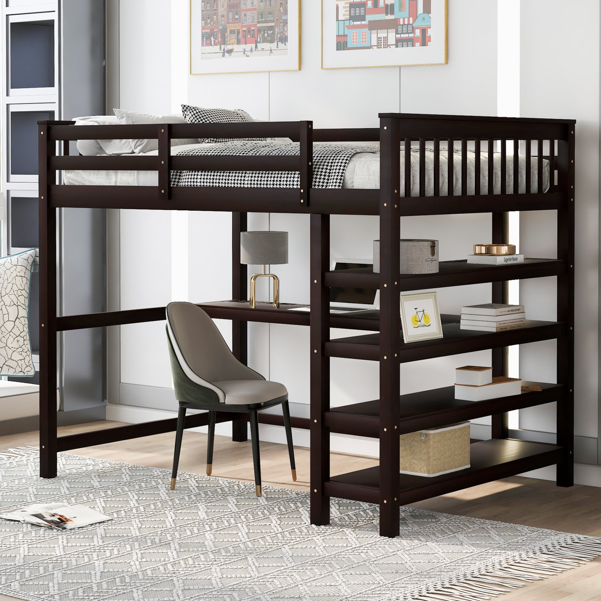 Full Size Loft Bed With Storage Shelves And Under Bed Desk - Espresso - Image 2