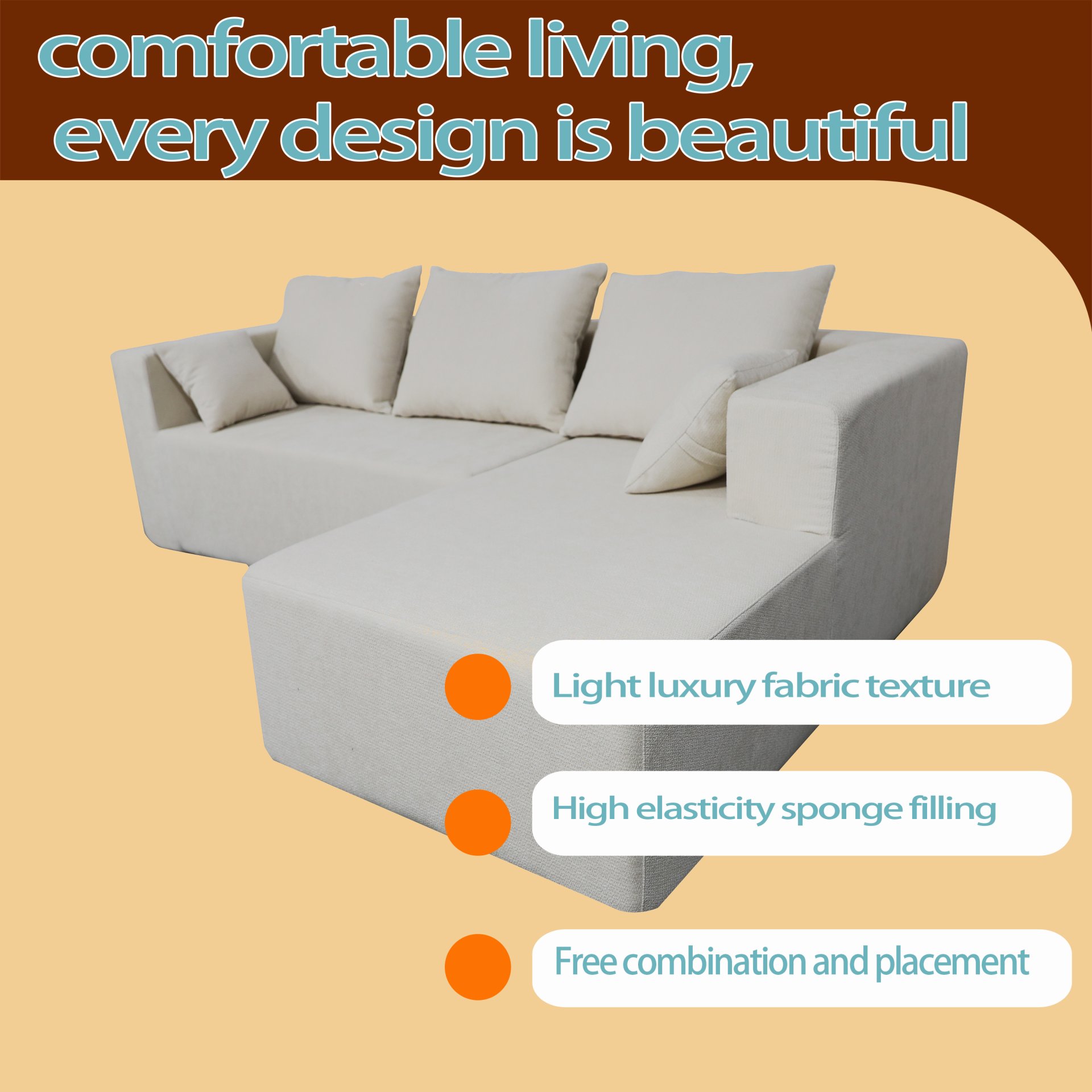 Corner Sofa And Sofa Bed With High Density Sponge - Beige - Image 15