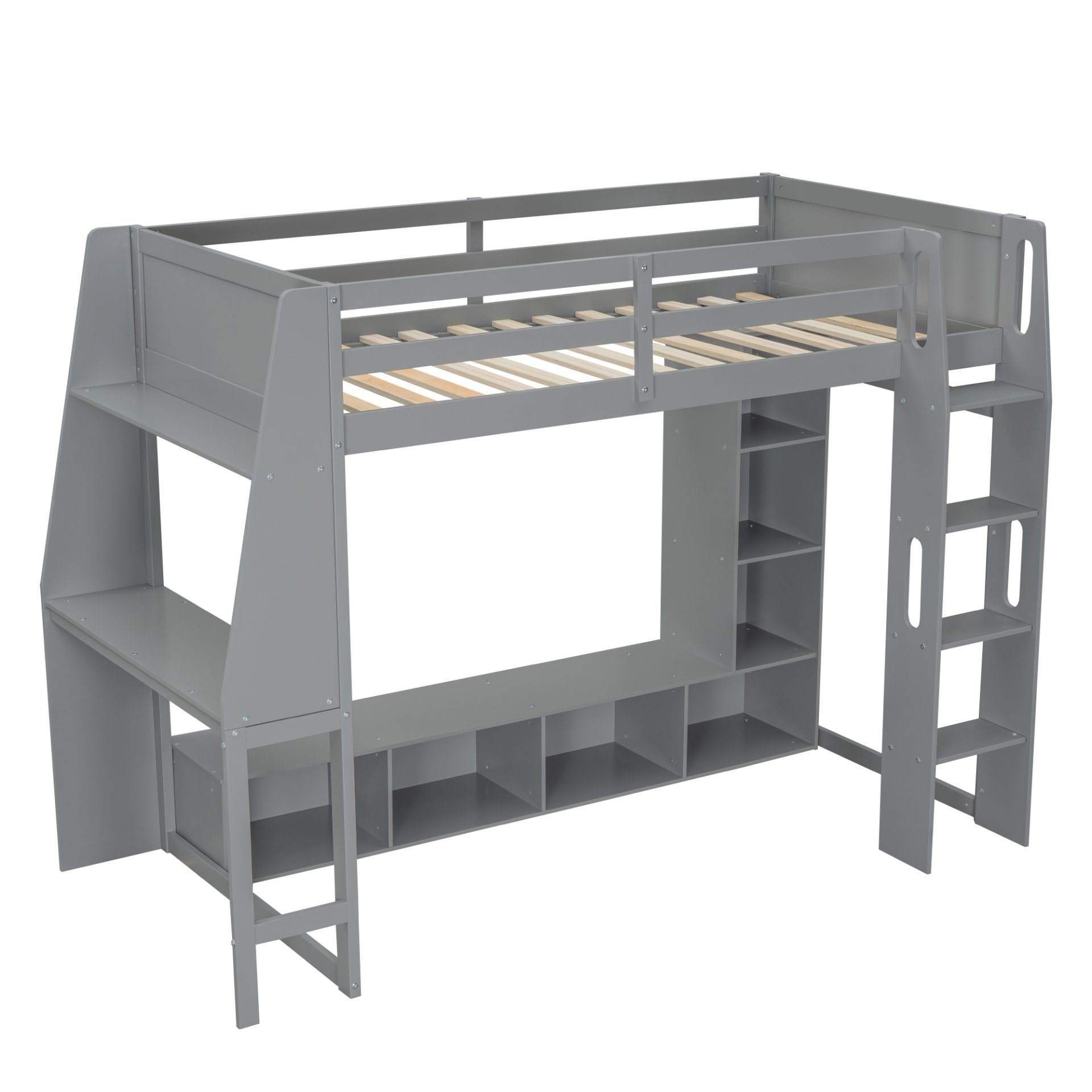 Twin Size Gaming Loft Bed With Desk, Multi Storage Shelves, LED Lighting, And Hanging Clothes Rack - Gray - Image 13