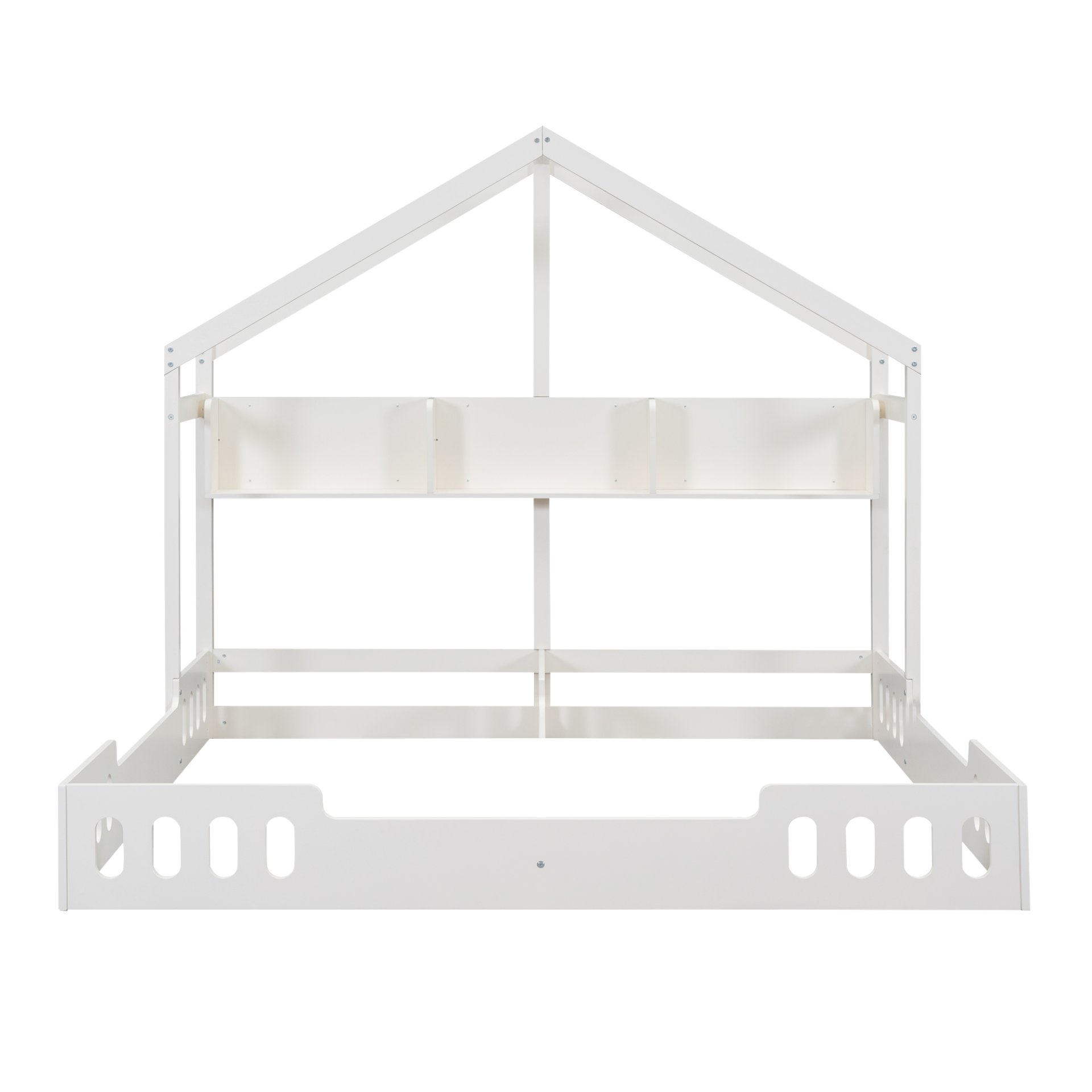 Twin Size Platform Bed With Shared Design, Guardrails, And Built In Shelves - Creamy White - Image 12