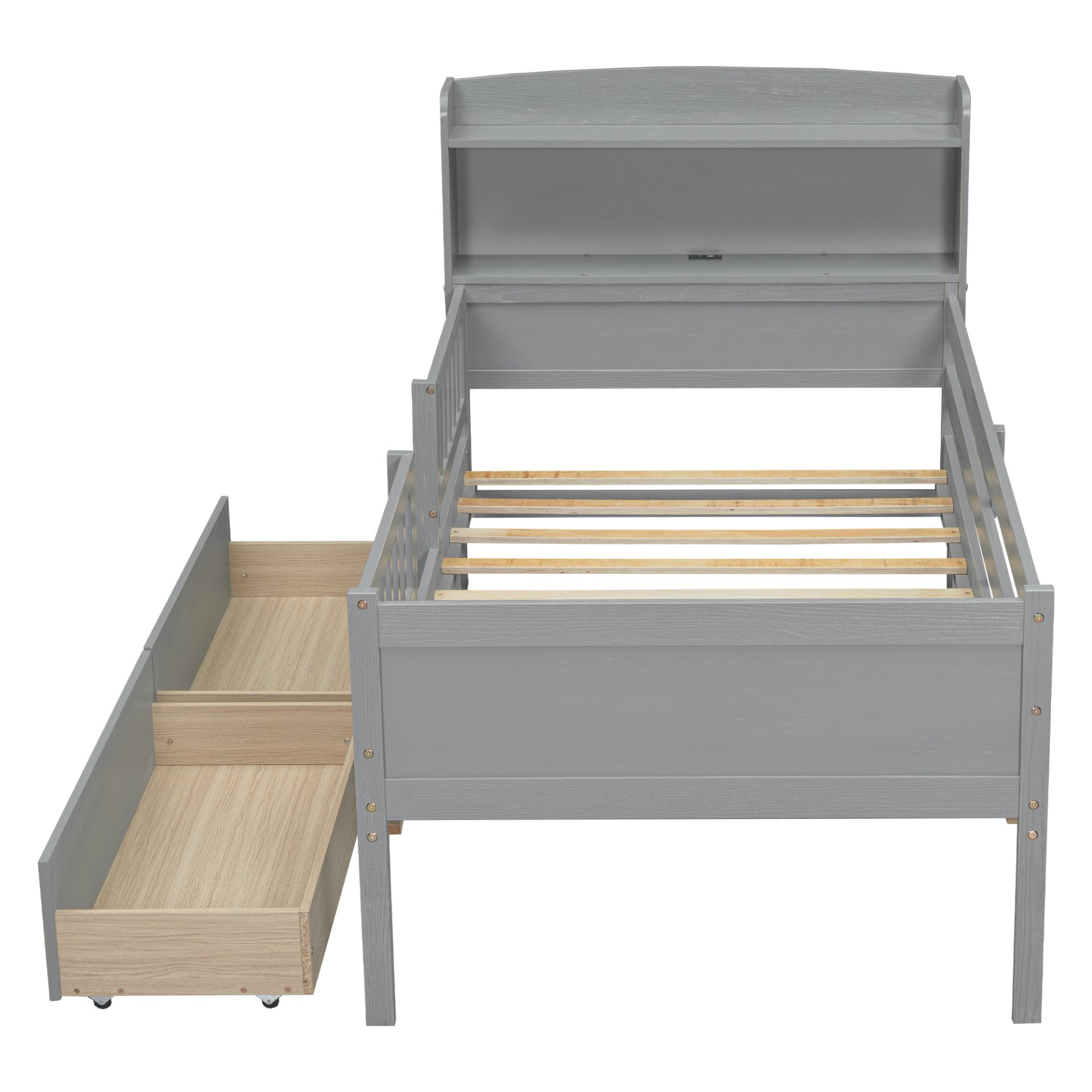 Twin Size Platform Bed With LED Light, Multi Functional Headboard, Guardrail And 2 Drawers - Gray - Image 8