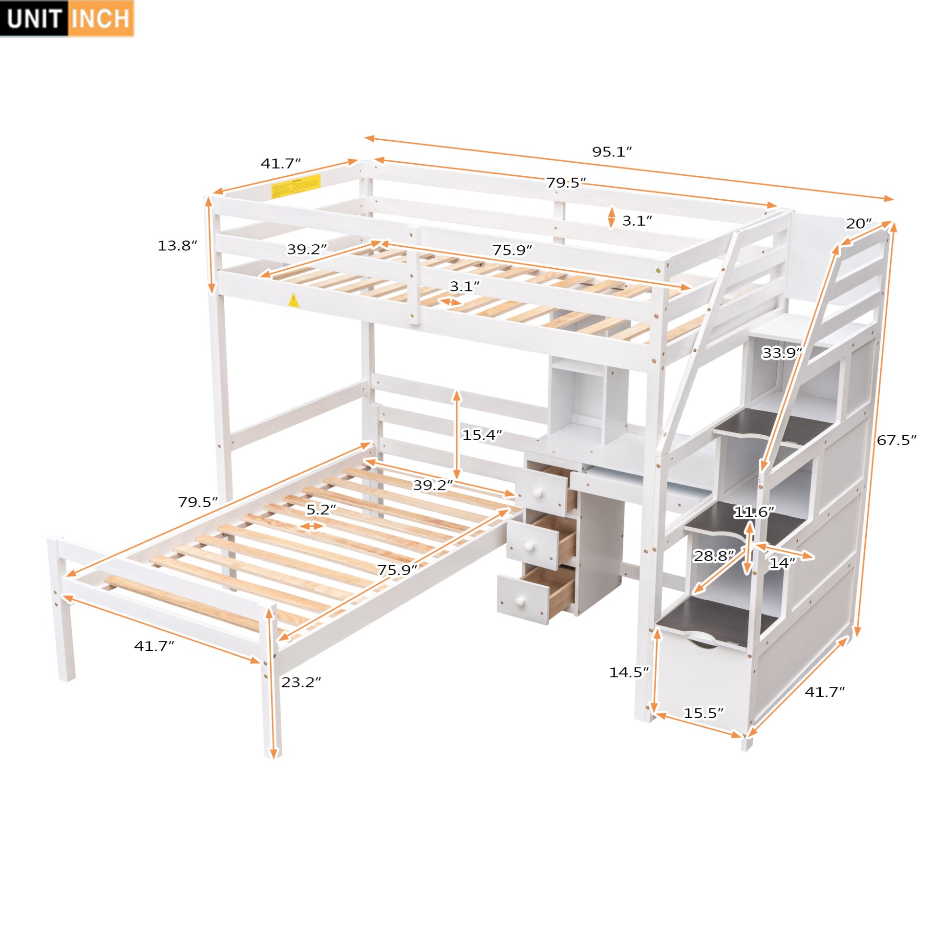 Twin Size Loft Bed With Stand Alone Bed, Storage Staircase, Desk, Shelves, And Drawers - White - Image 3